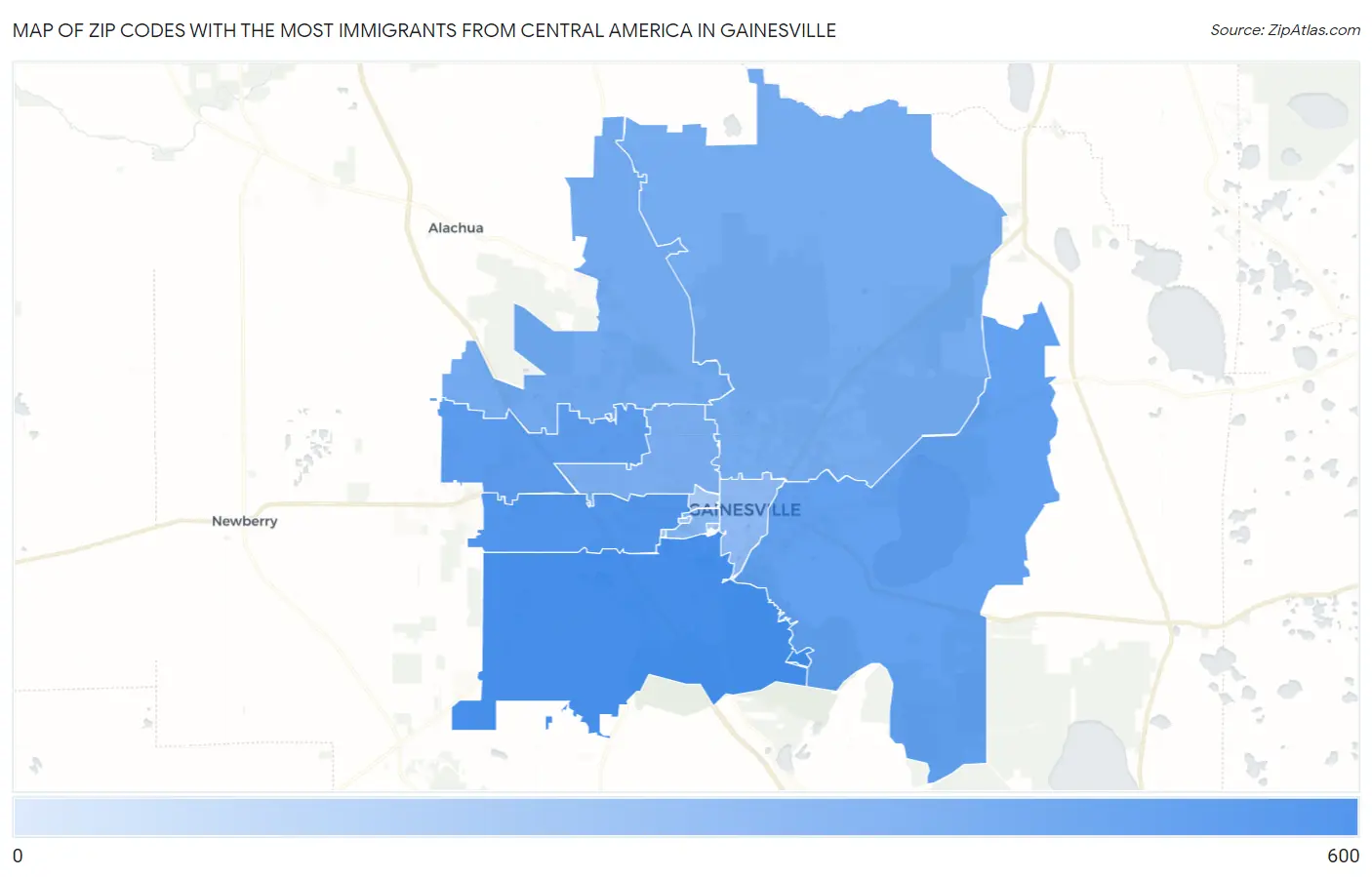 Zip Codes with the Most Immigrants from Central America in Gainesville Map