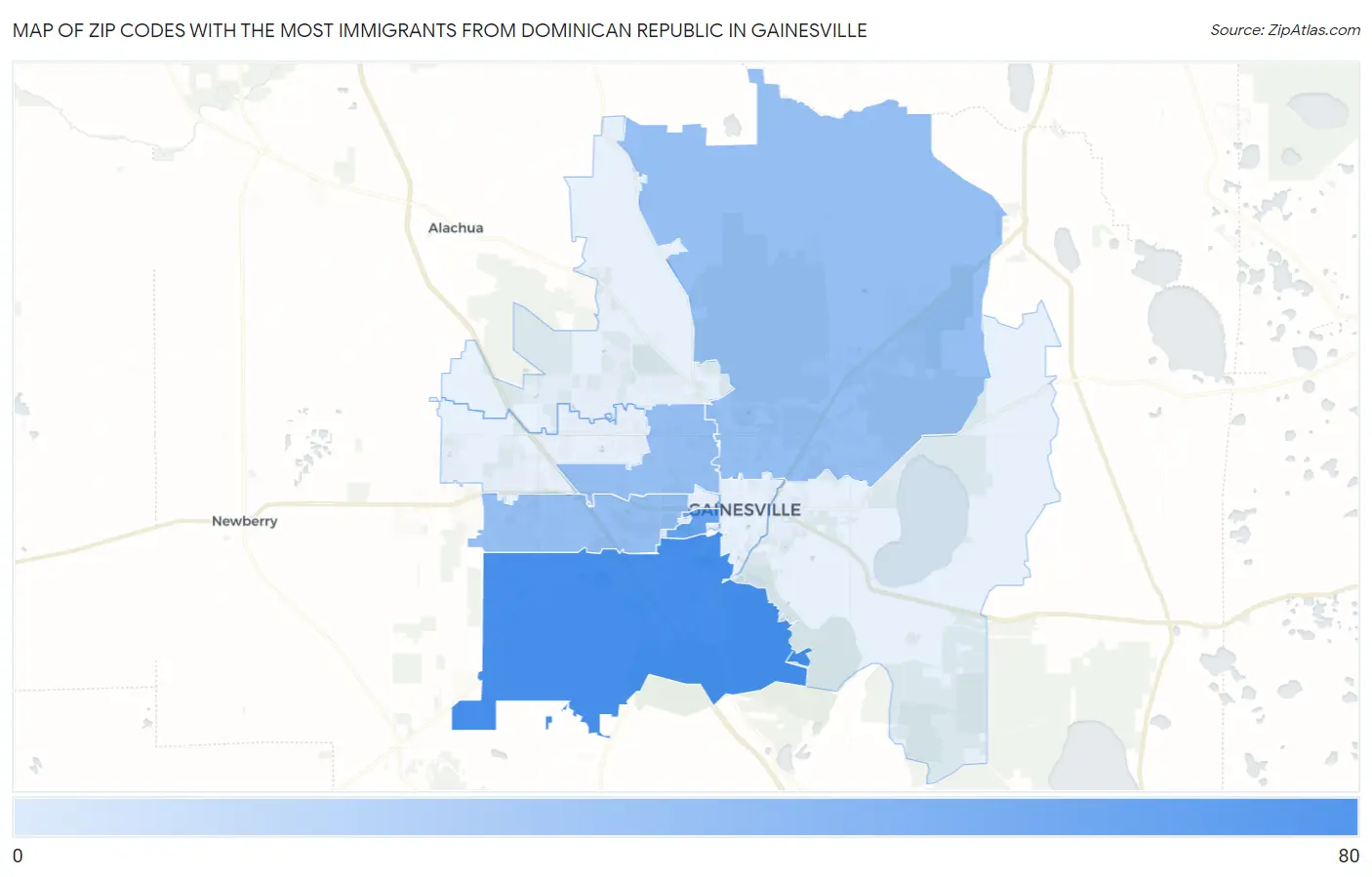 Zip Codes with the Most Immigrants from Dominican Republic in Gainesville Map