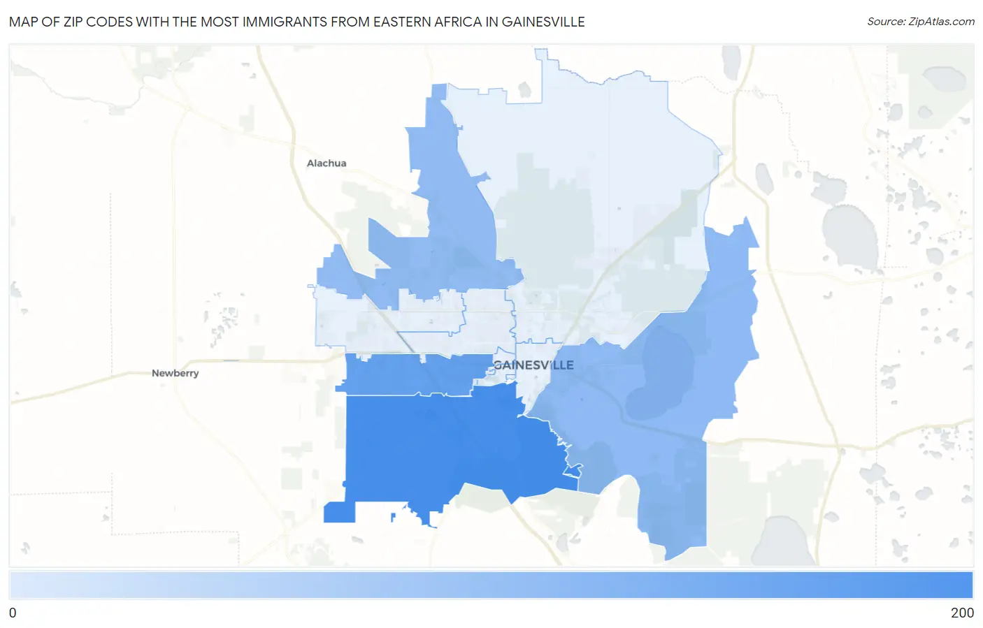 Zip Codes with the Most Immigrants from Eastern Africa in Gainesville Map