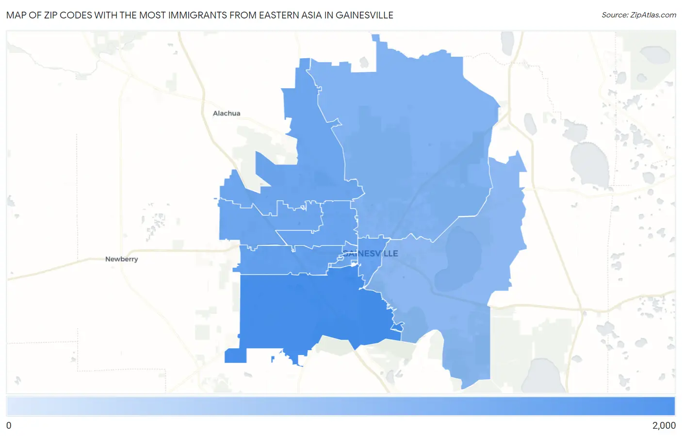 Zip Codes with the Most Immigrants from Eastern Asia in Gainesville Map