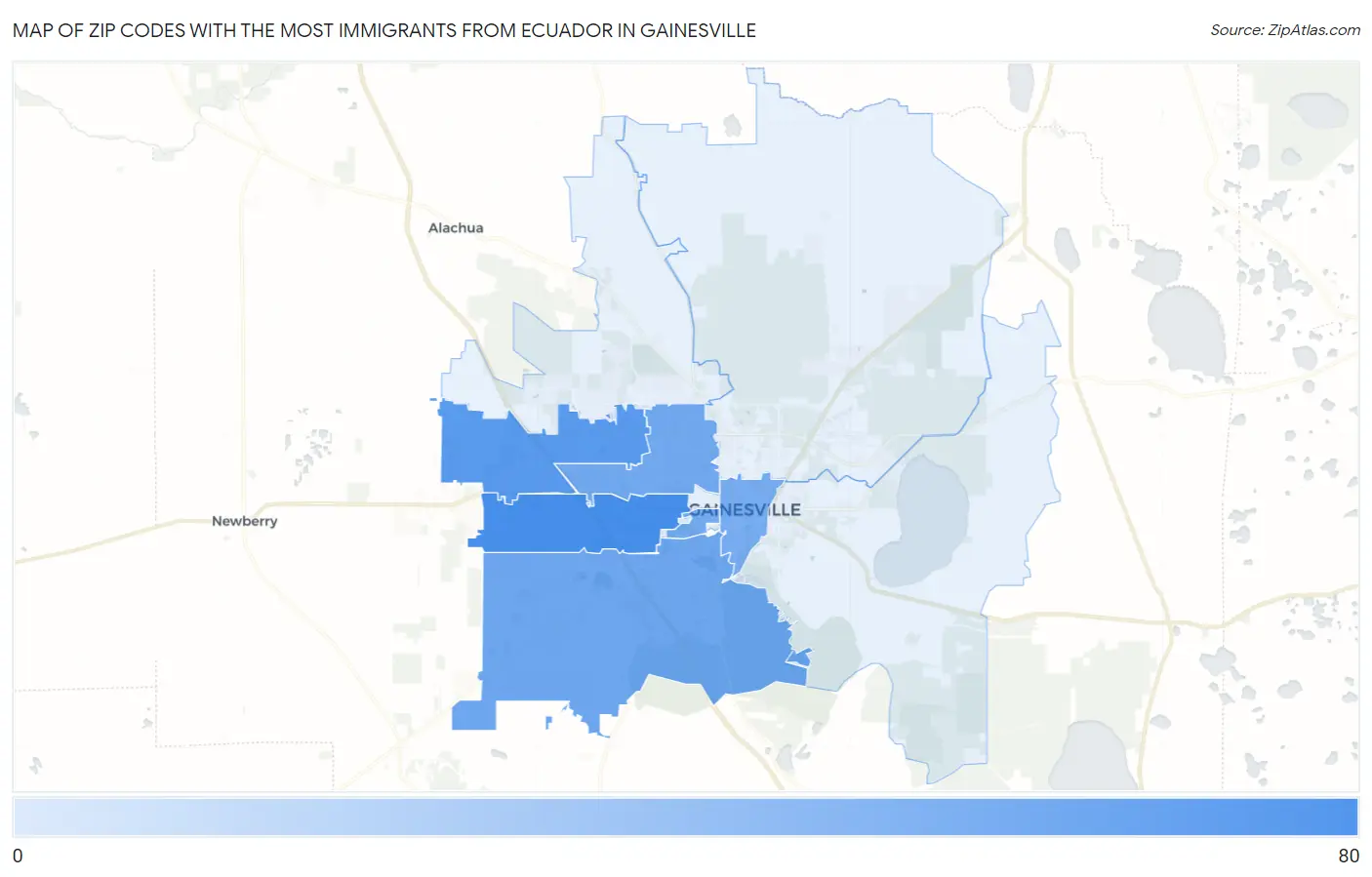 Zip Codes with the Most Immigrants from Ecuador in Gainesville Map