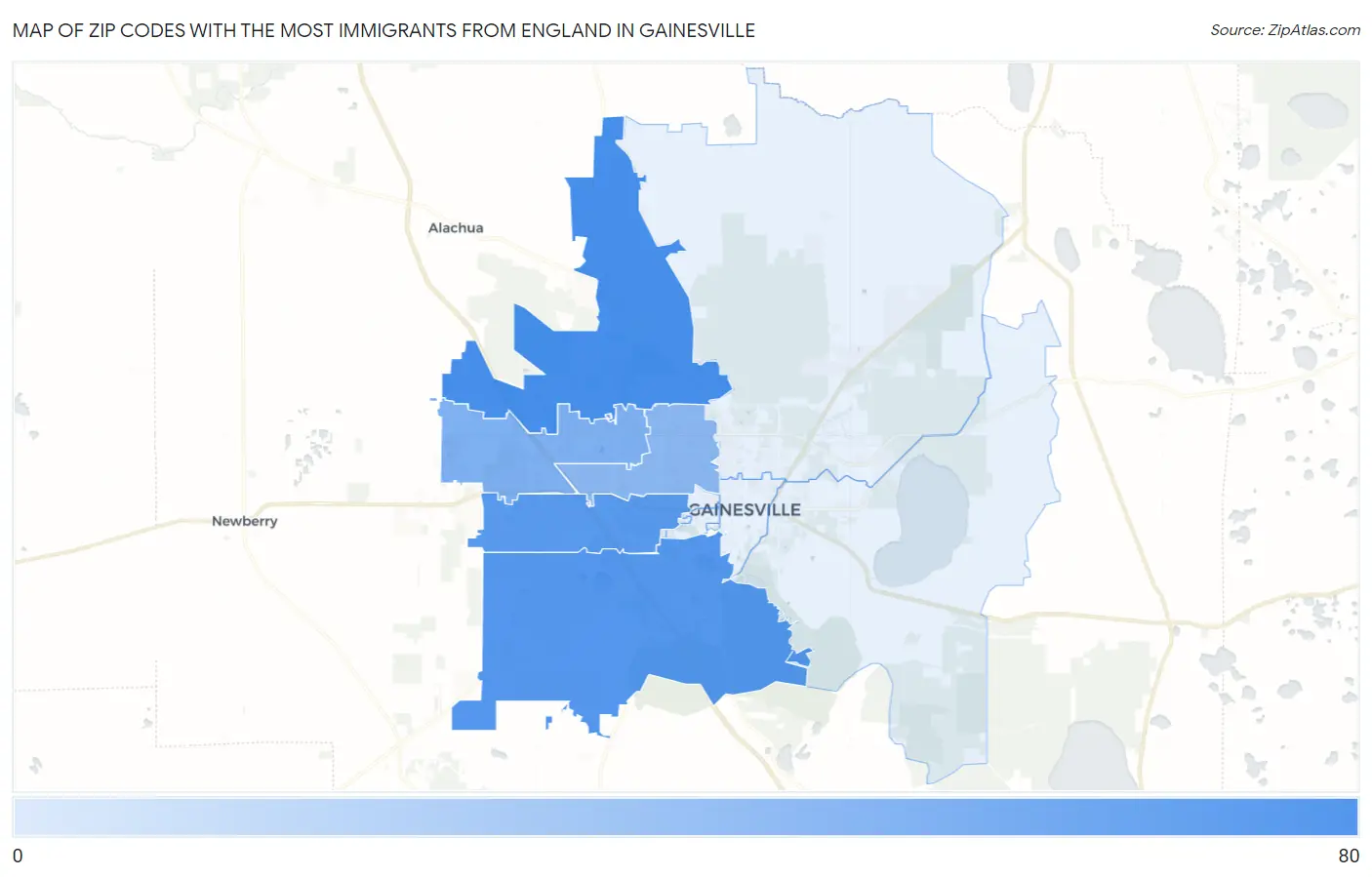 Zip Codes with the Most Immigrants from England in Gainesville Map