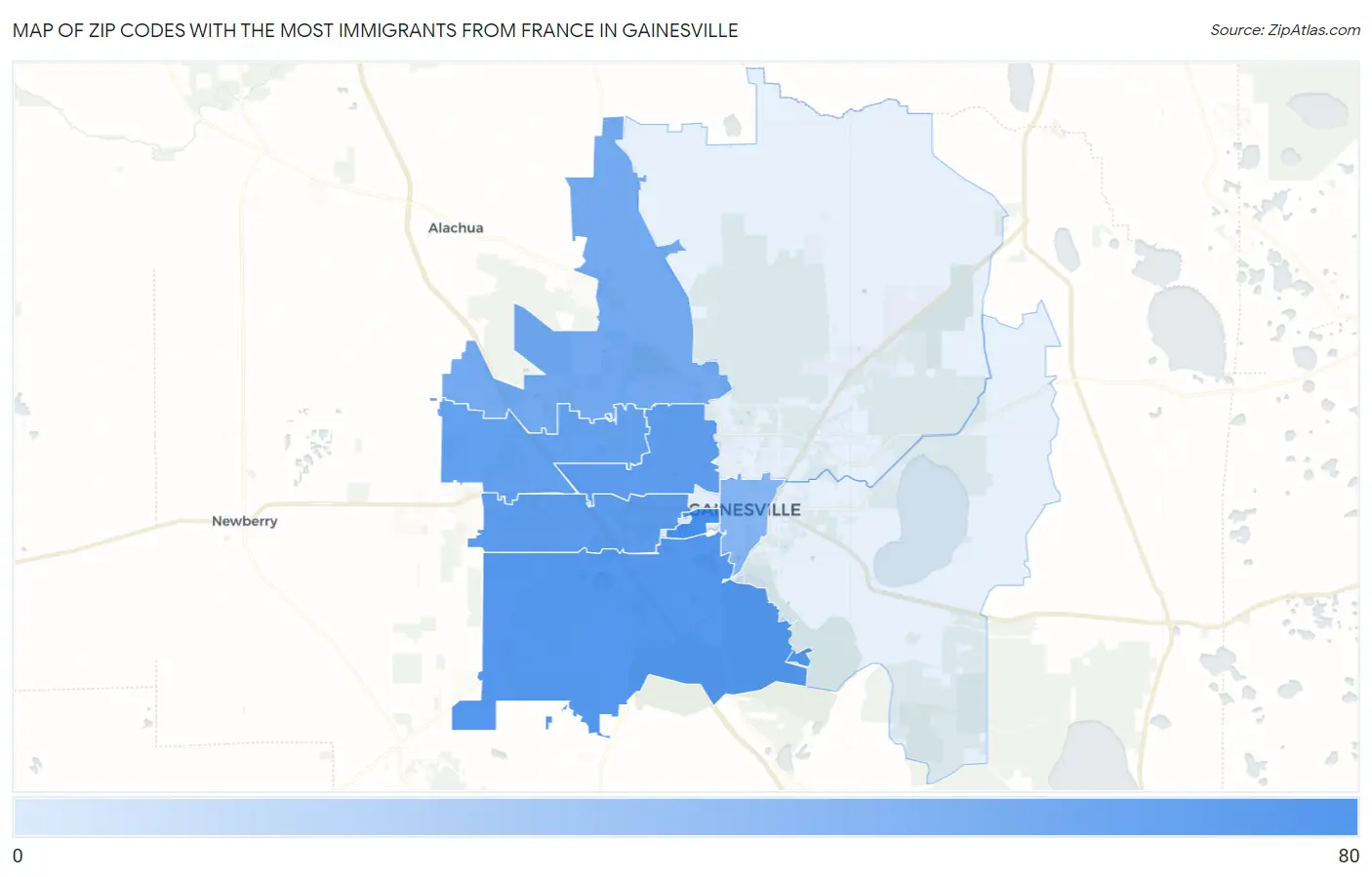 Zip Codes with the Most Immigrants from France in Gainesville Map
