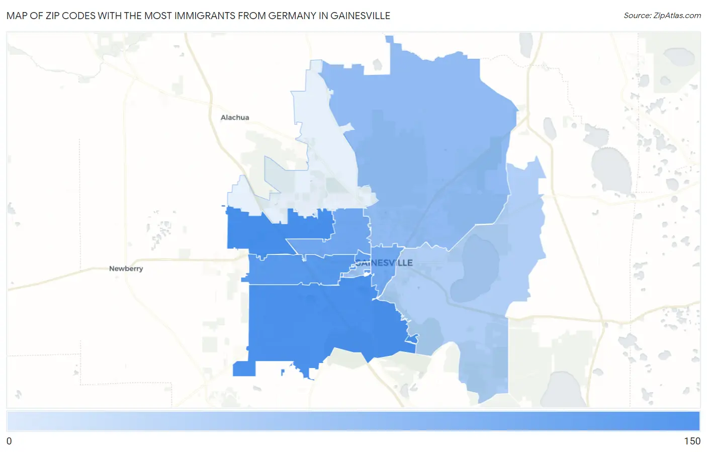Zip Codes with the Most Immigrants from Germany in Gainesville Map