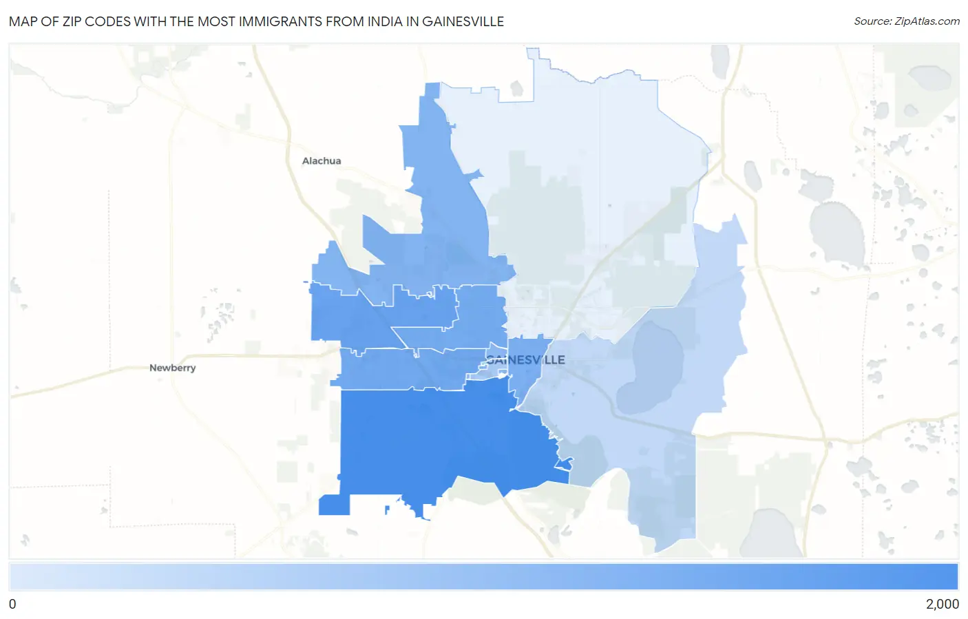 Zip Codes with the Most Immigrants from India in Gainesville Map