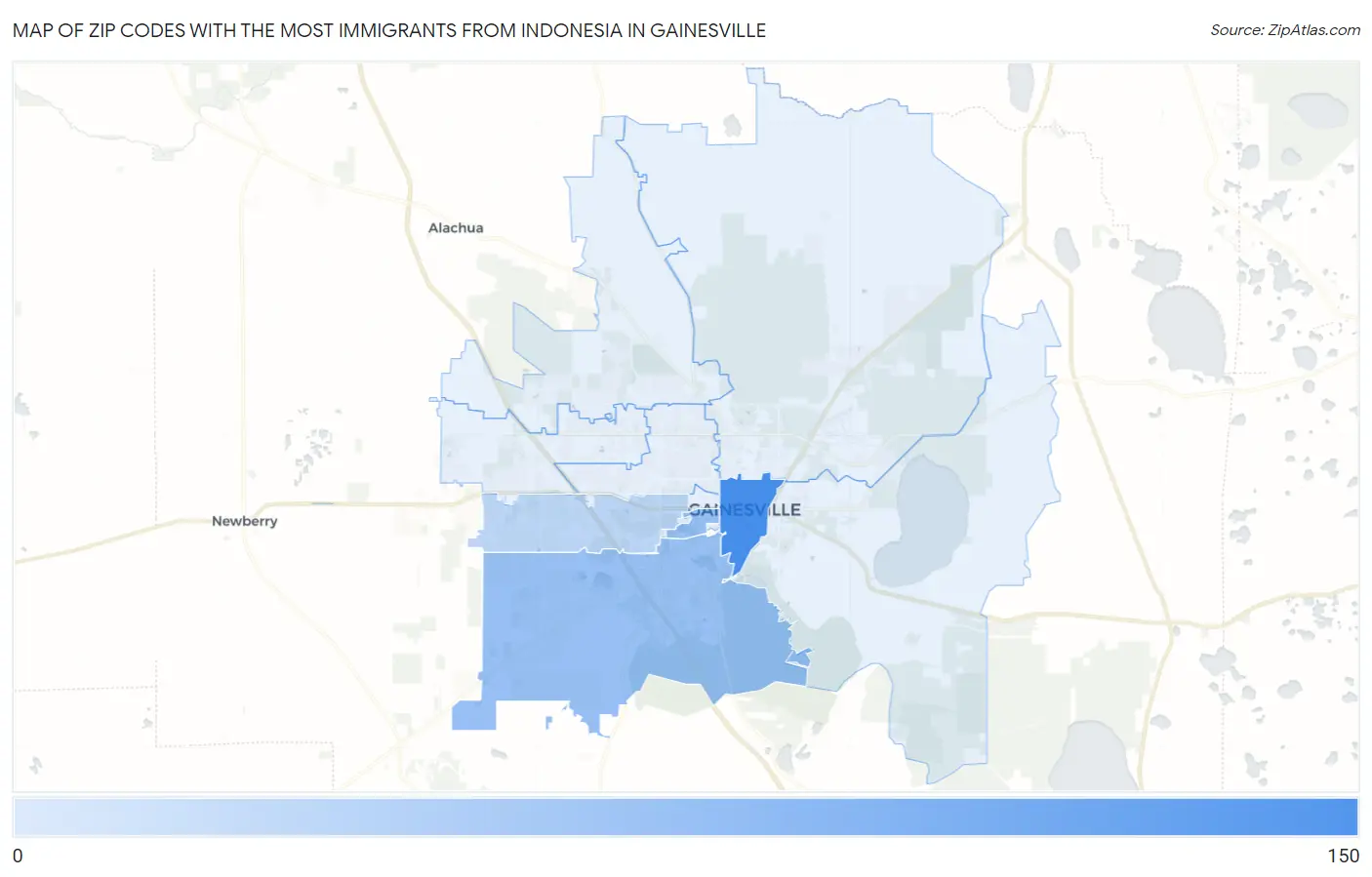 Zip Codes with the Most Immigrants from Indonesia in Gainesville Map