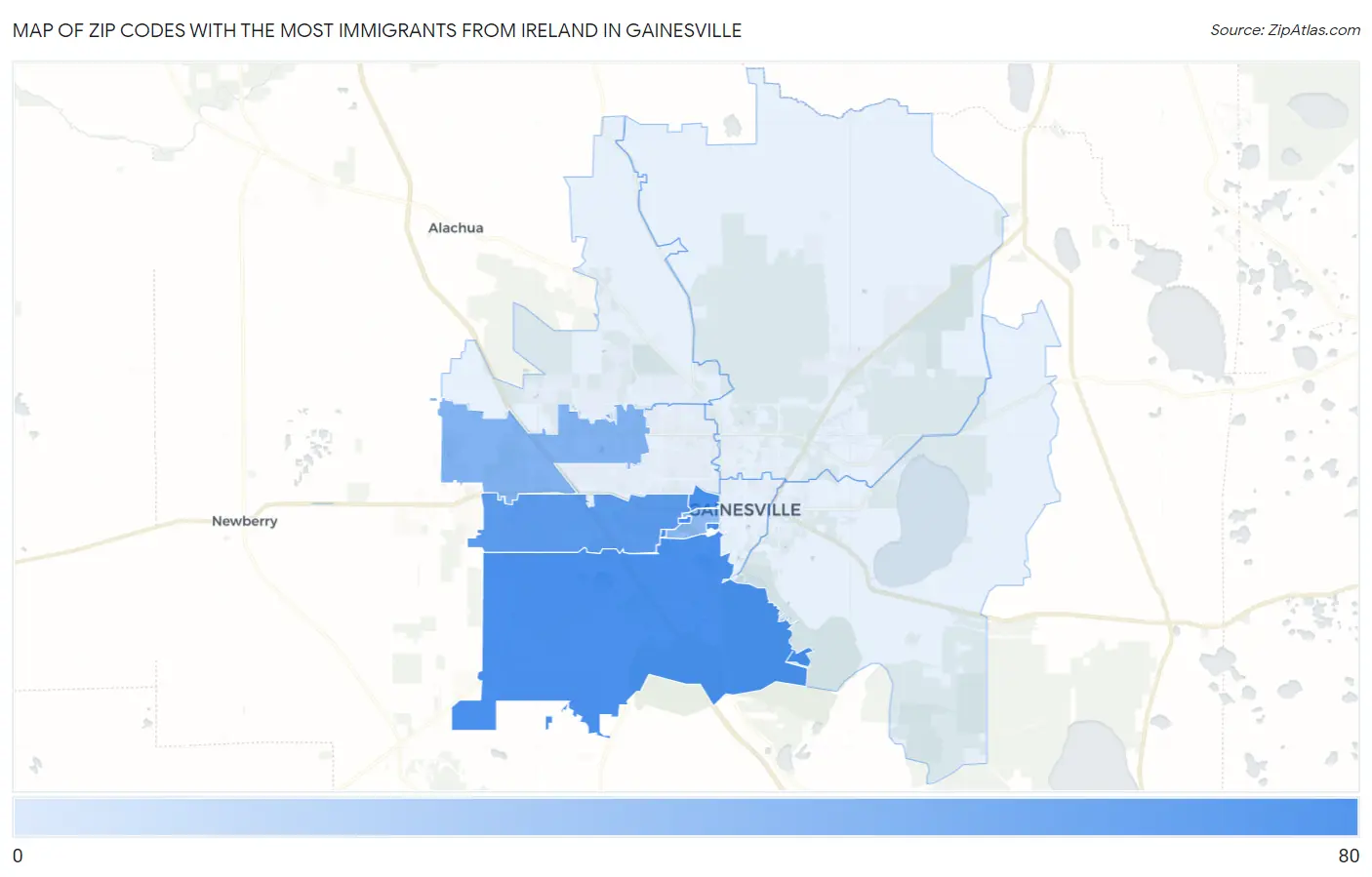 Zip Codes with the Most Immigrants from Ireland in Gainesville Map