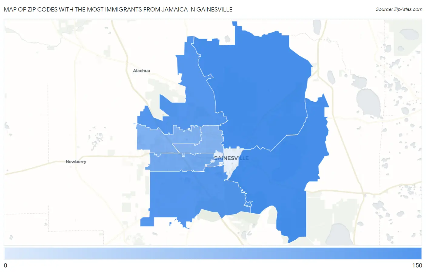 Zip Codes with the Most Immigrants from Jamaica in Gainesville Map