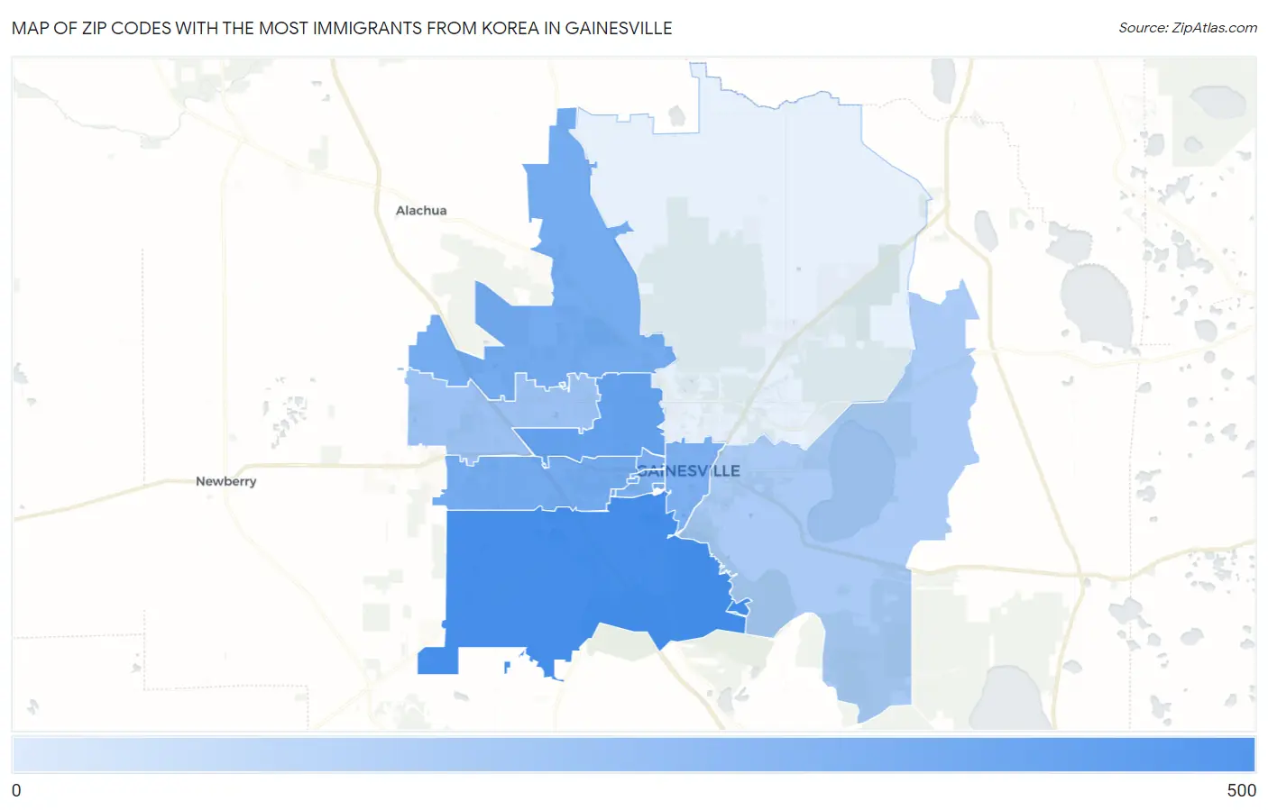 Zip Codes with the Most Immigrants from Korea in Gainesville Map