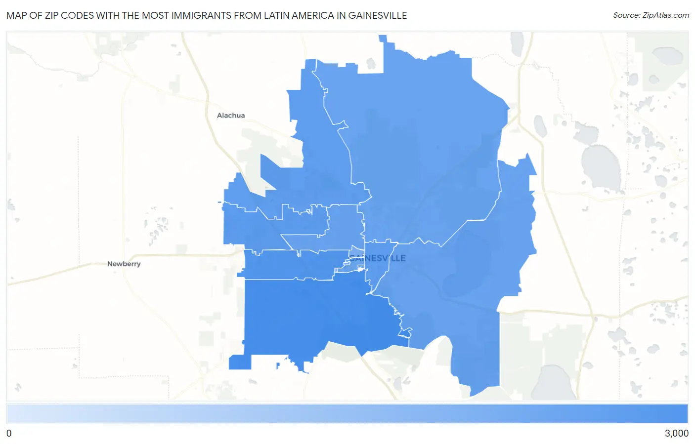 Zip Codes with the Most Immigrants from Latin America in Gainesville Map