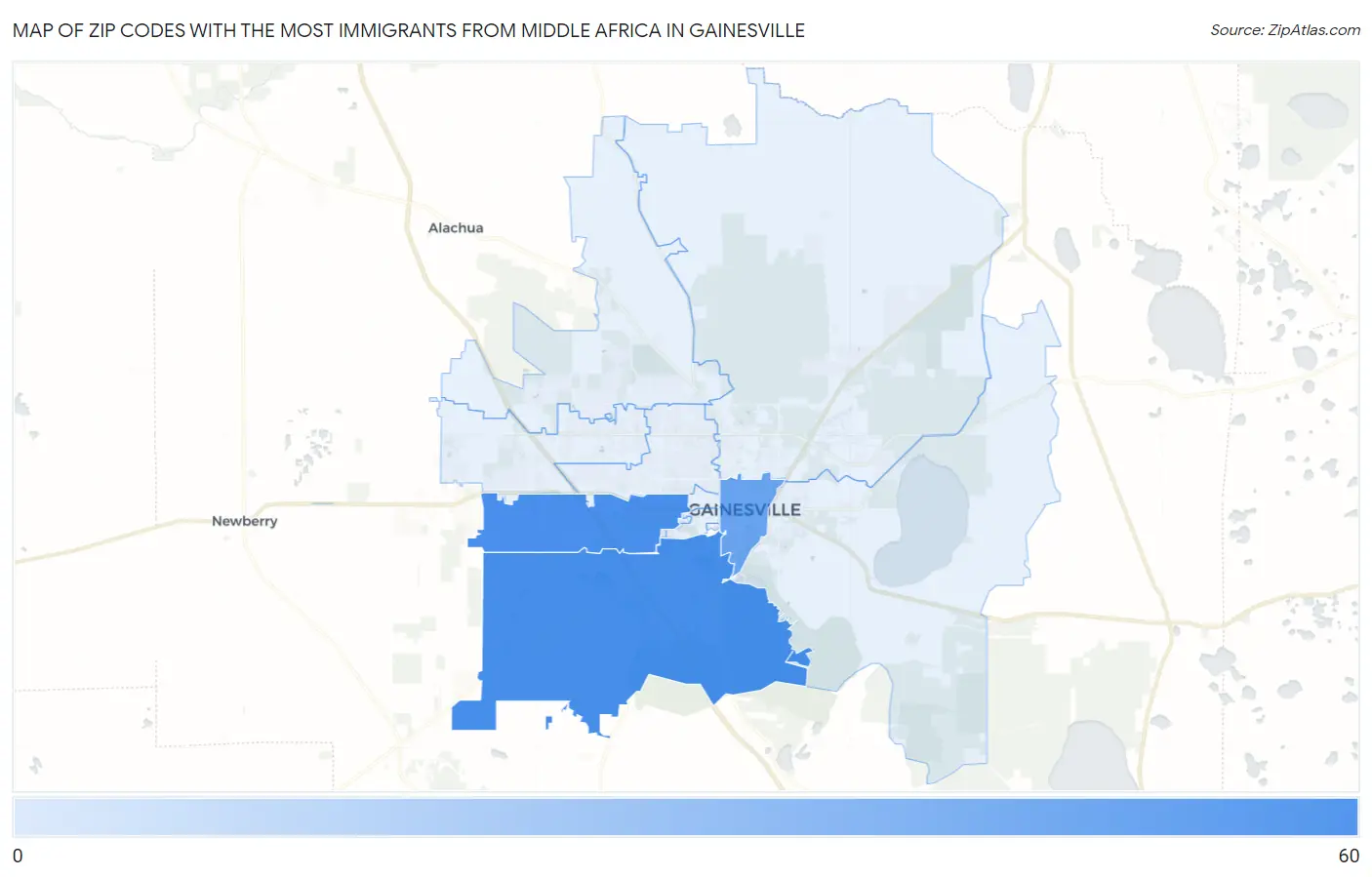 Zip Codes with the Most Immigrants from Middle Africa in Gainesville Map