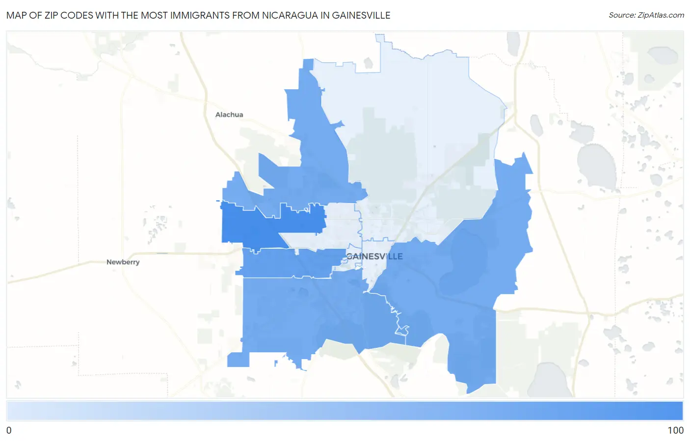 Zip Codes with the Most Immigrants from Nicaragua in Gainesville Map