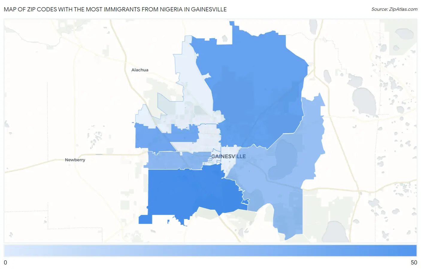 Zip Codes with the Most Immigrants from Nigeria in Gainesville Map