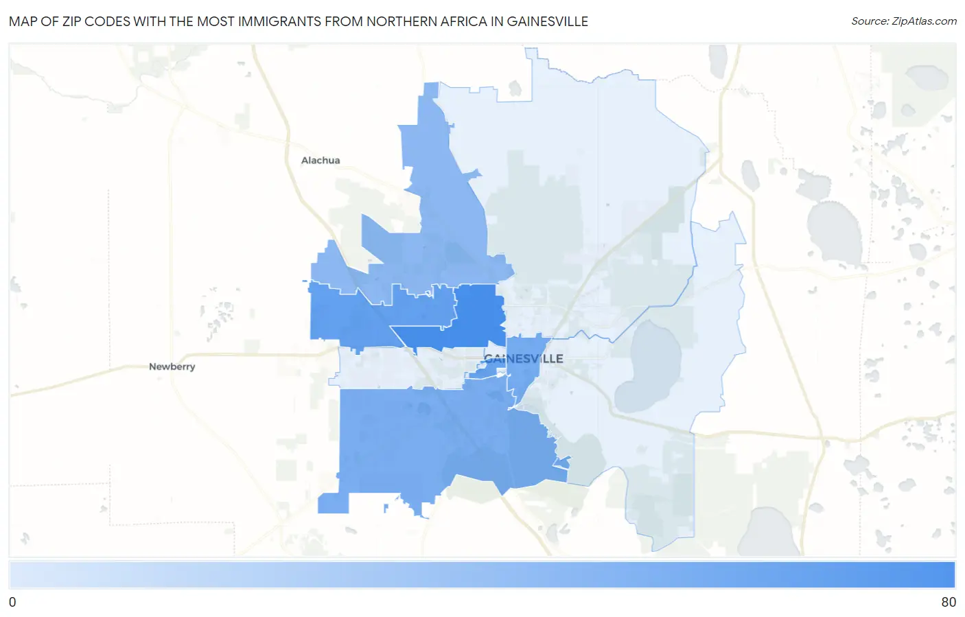 Zip Codes with the Most Immigrants from Northern Africa in Gainesville Map