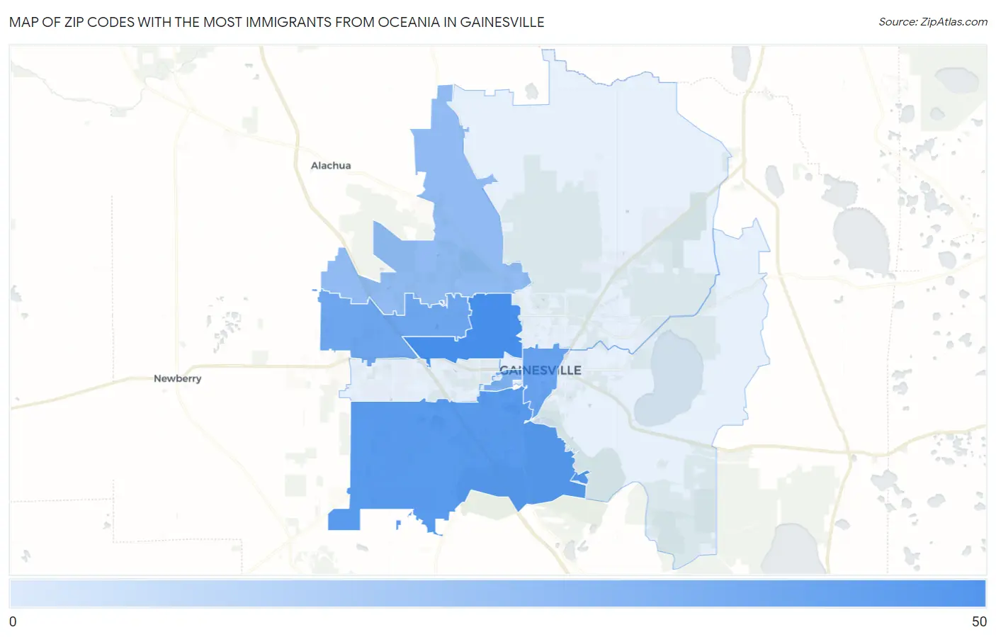 Zip Codes with the Most Immigrants from Oceania in Gainesville Map