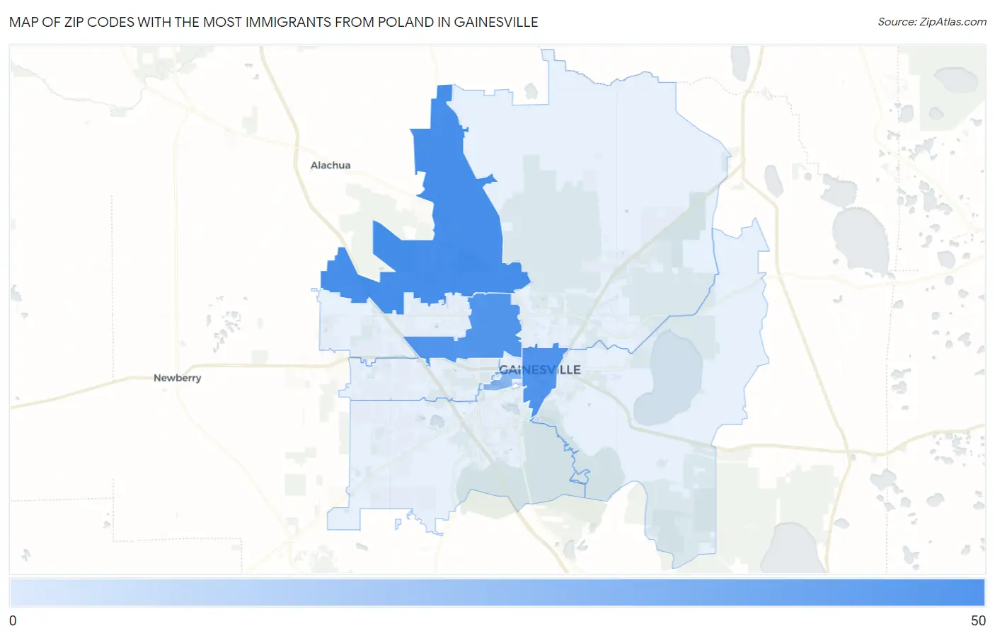 Zip Codes with the Most Immigrants from Poland in Gainesville Map