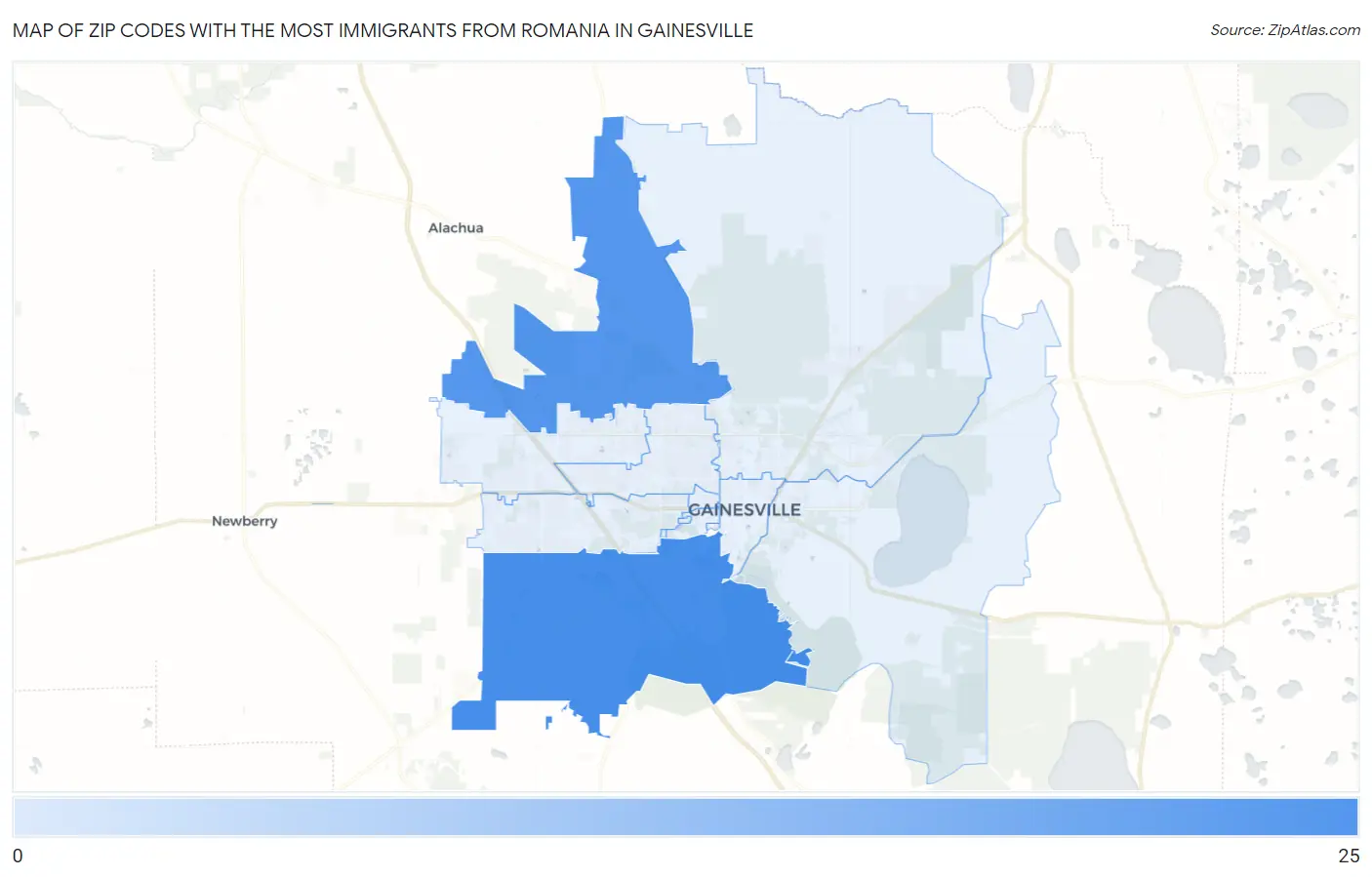 Zip Codes with the Most Immigrants from Romania in Gainesville Map
