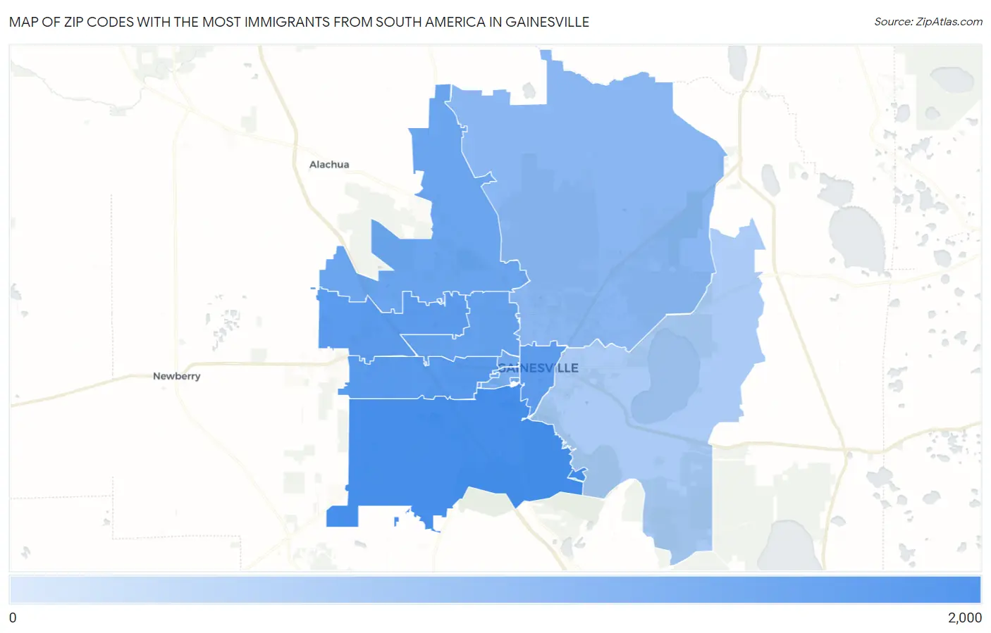 Zip Codes with the Most Immigrants from South America in Gainesville Map