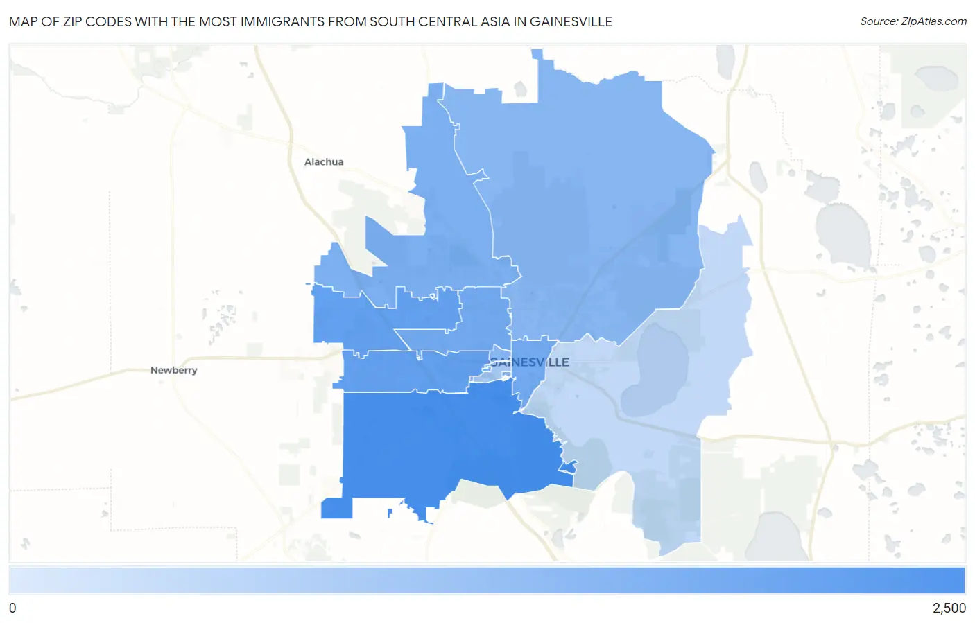 Zip Codes with the Most Immigrants from South Central Asia in Gainesville Map
