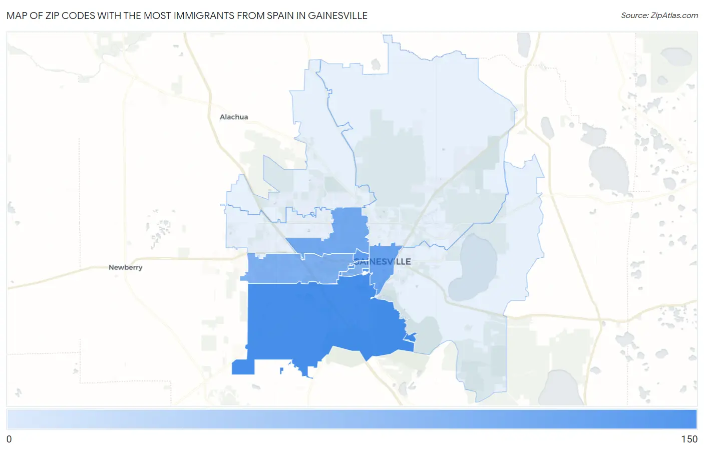 Zip Codes with the Most Immigrants from Spain in Gainesville Map