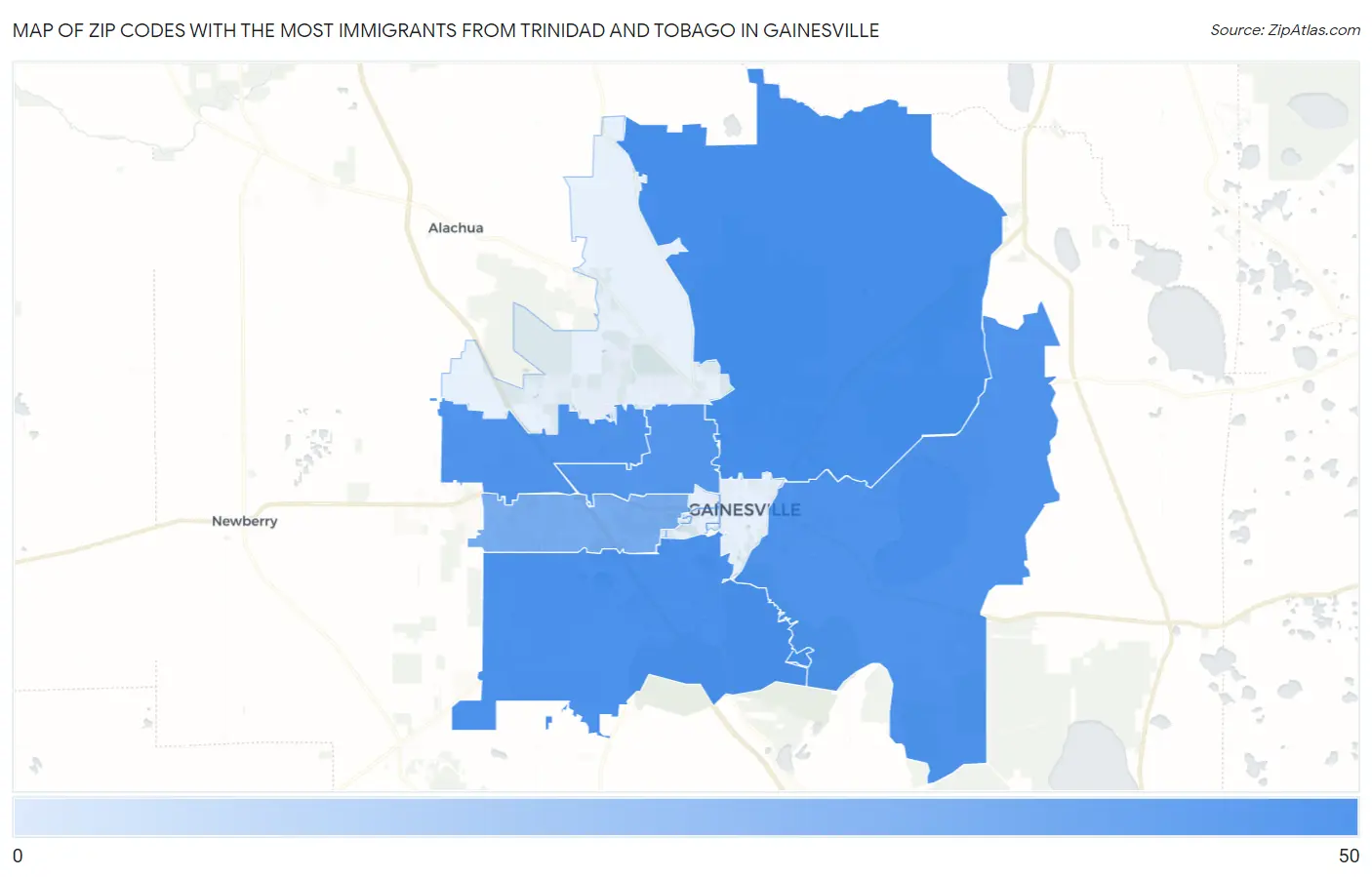 Zip Codes with the Most Immigrants from Trinidad and Tobago in Gainesville Map