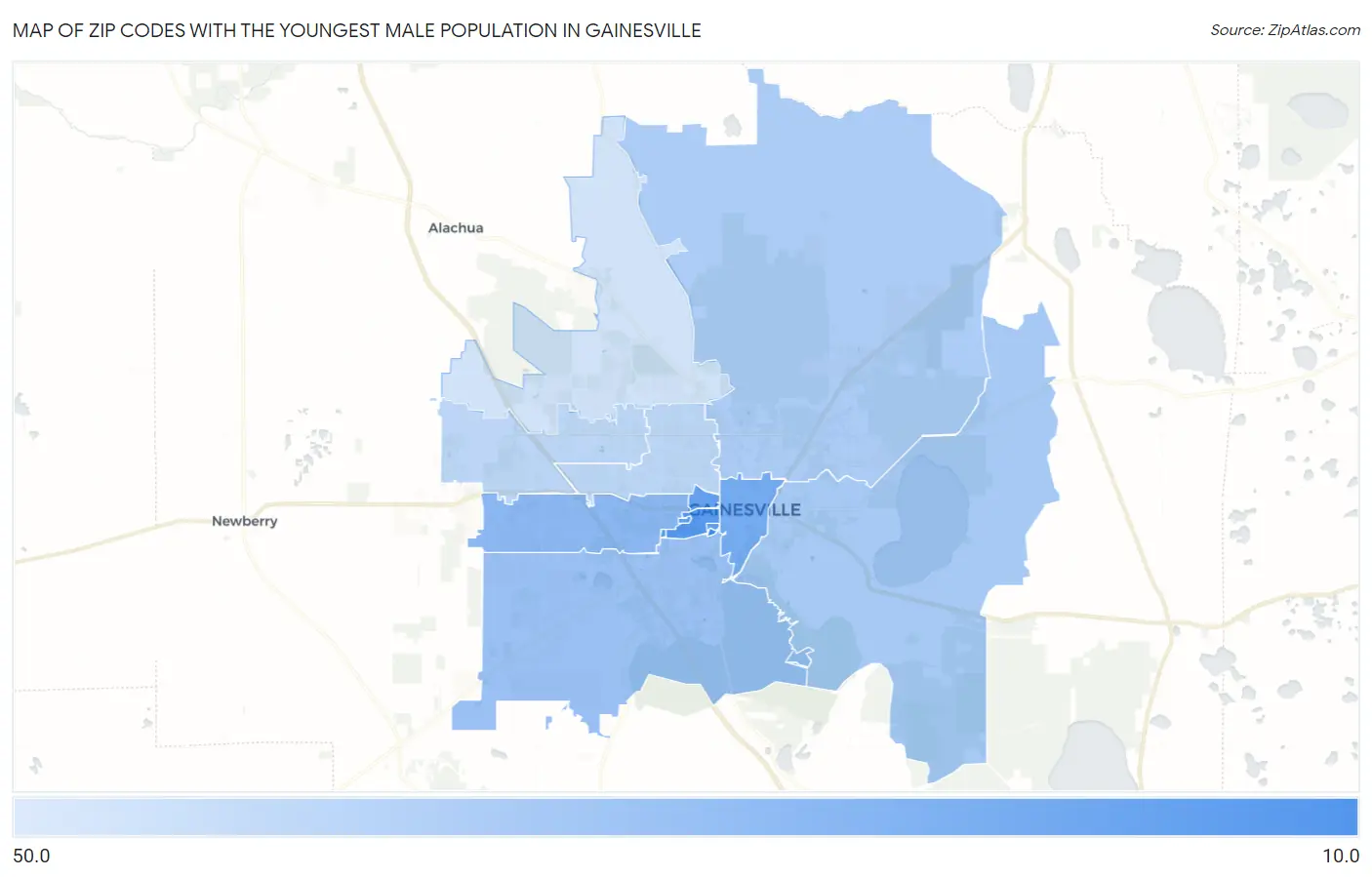 Zip Codes with the Youngest Male Population in Gainesville Map