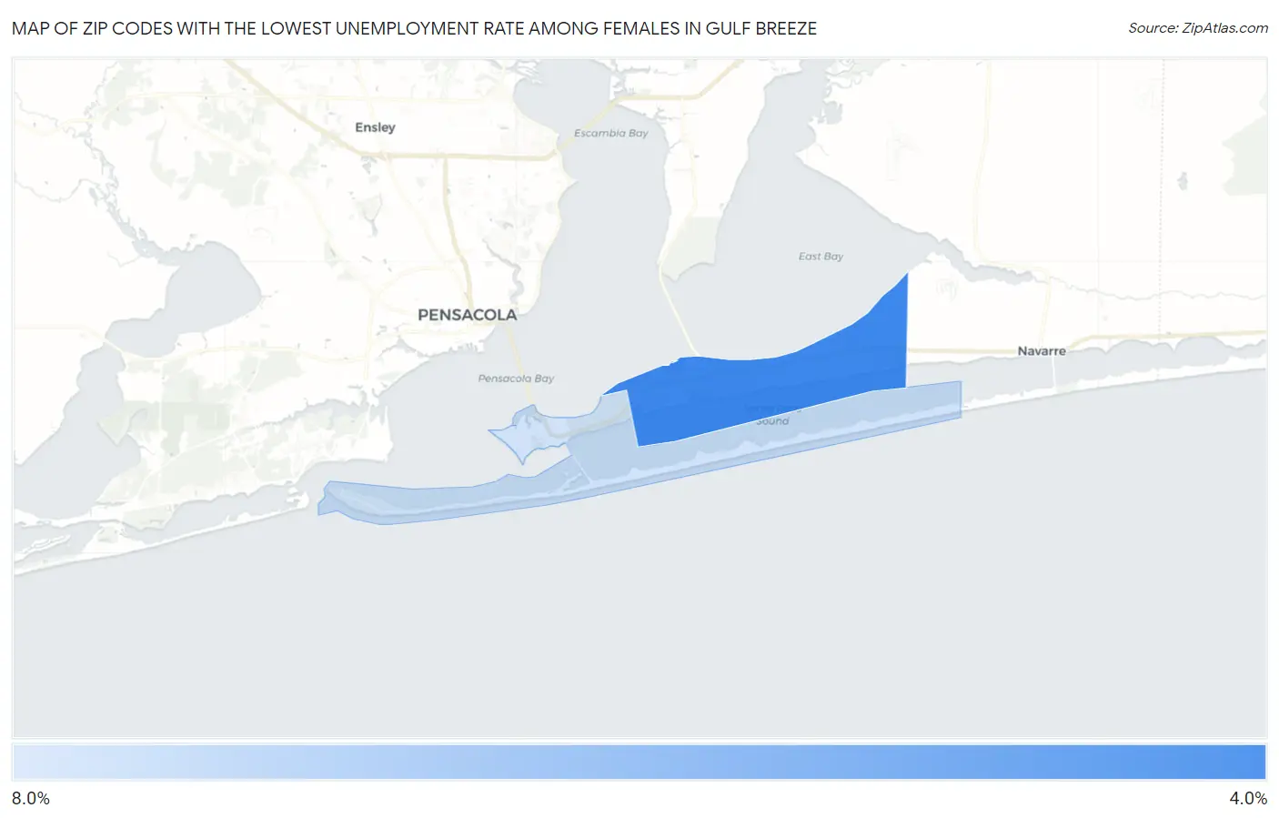 Zip Codes with the Lowest Unemployment Rate Among Females in Gulf Breeze Map