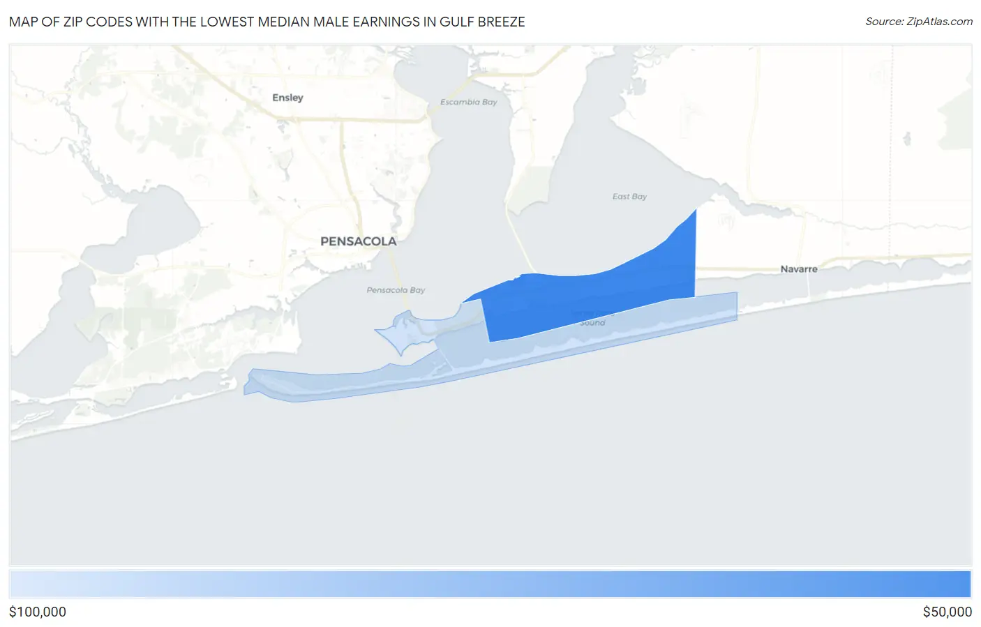 Zip Codes with the Lowest Median Male Earnings in Gulf Breeze Map