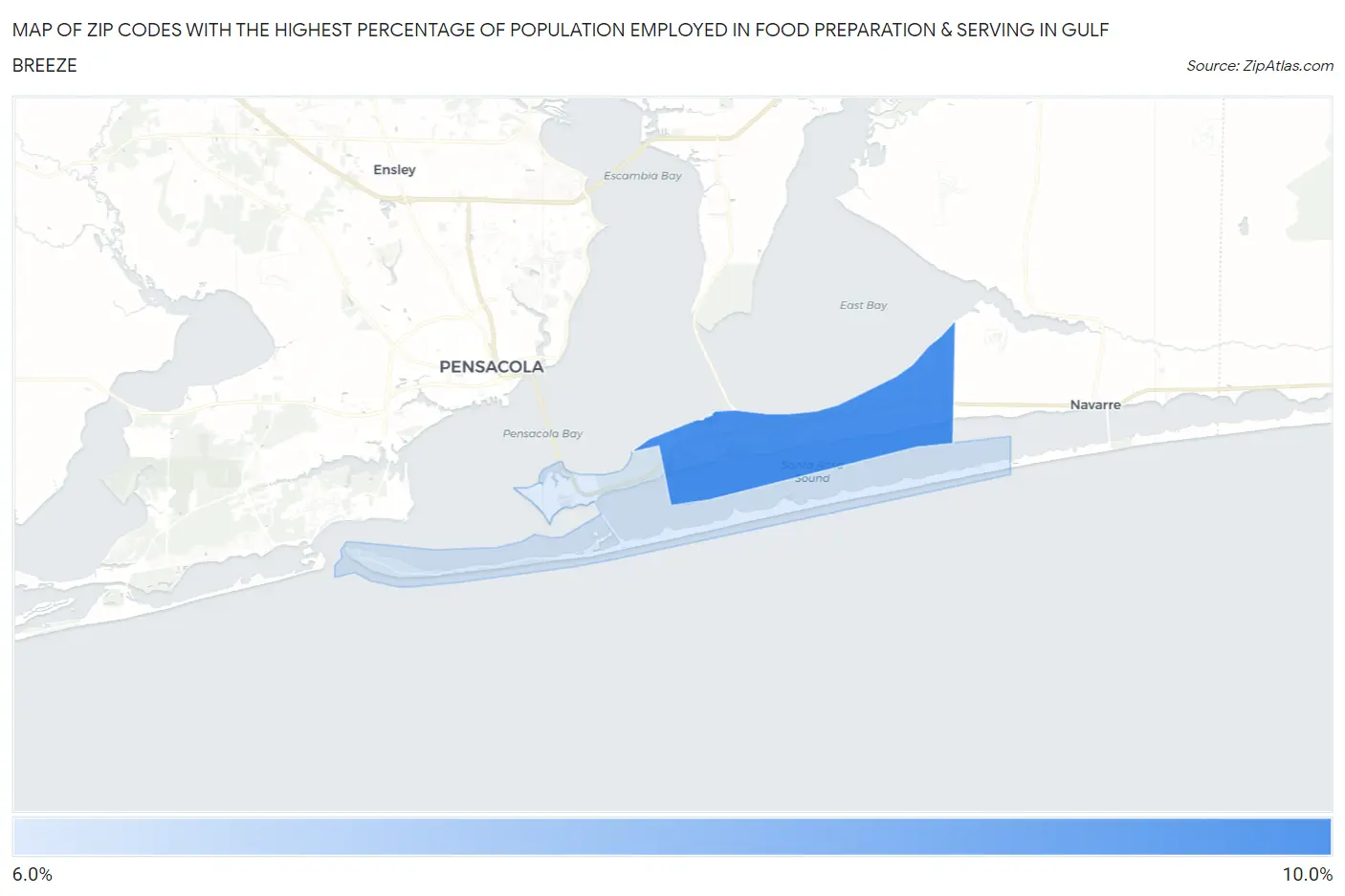 Zip Codes with the Highest Percentage of Population Employed in Food Preparation & Serving in Gulf Breeze Map