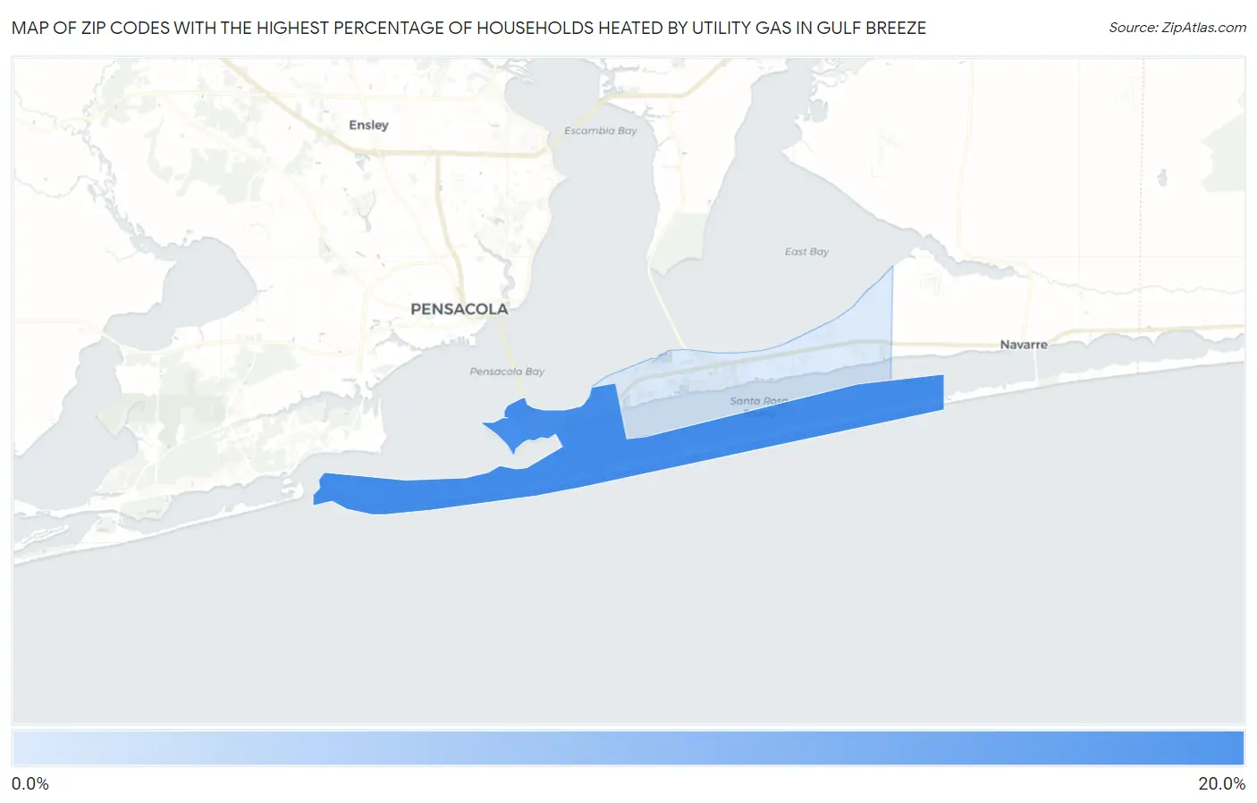 Zip Codes with the Highest Percentage of Households Heated by Utility Gas in Gulf Breeze Map