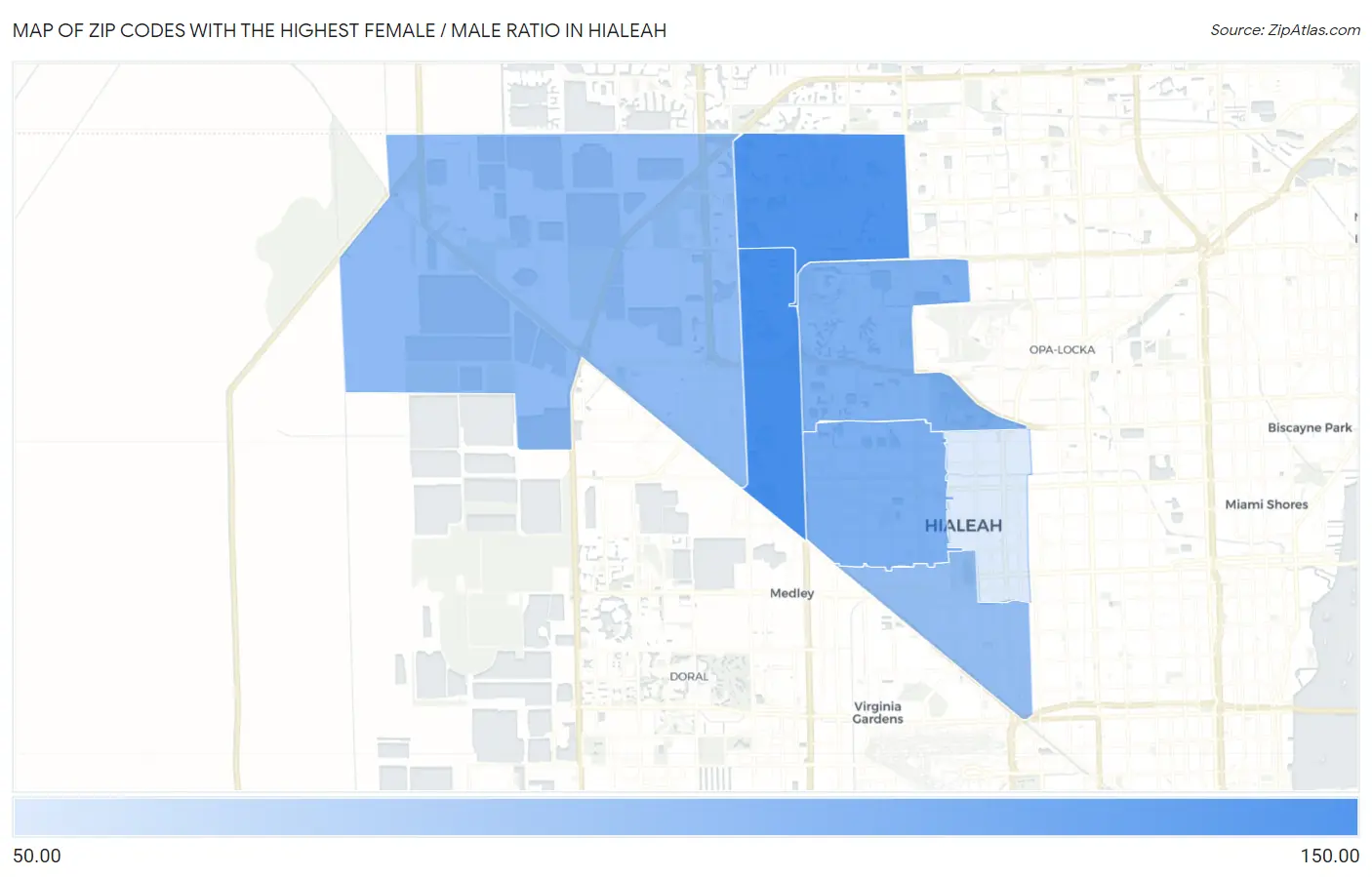 Zip Codes with the Highest Female / Male Ratio in Hialeah Map