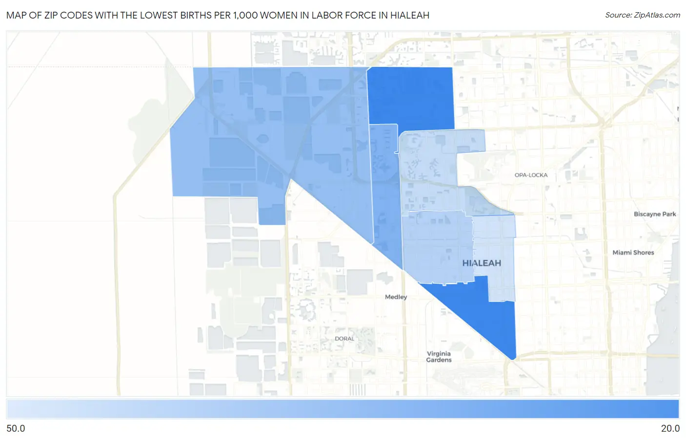 Zip Codes with the Lowest Births per 1,000 Women in Labor Force in Hialeah Map