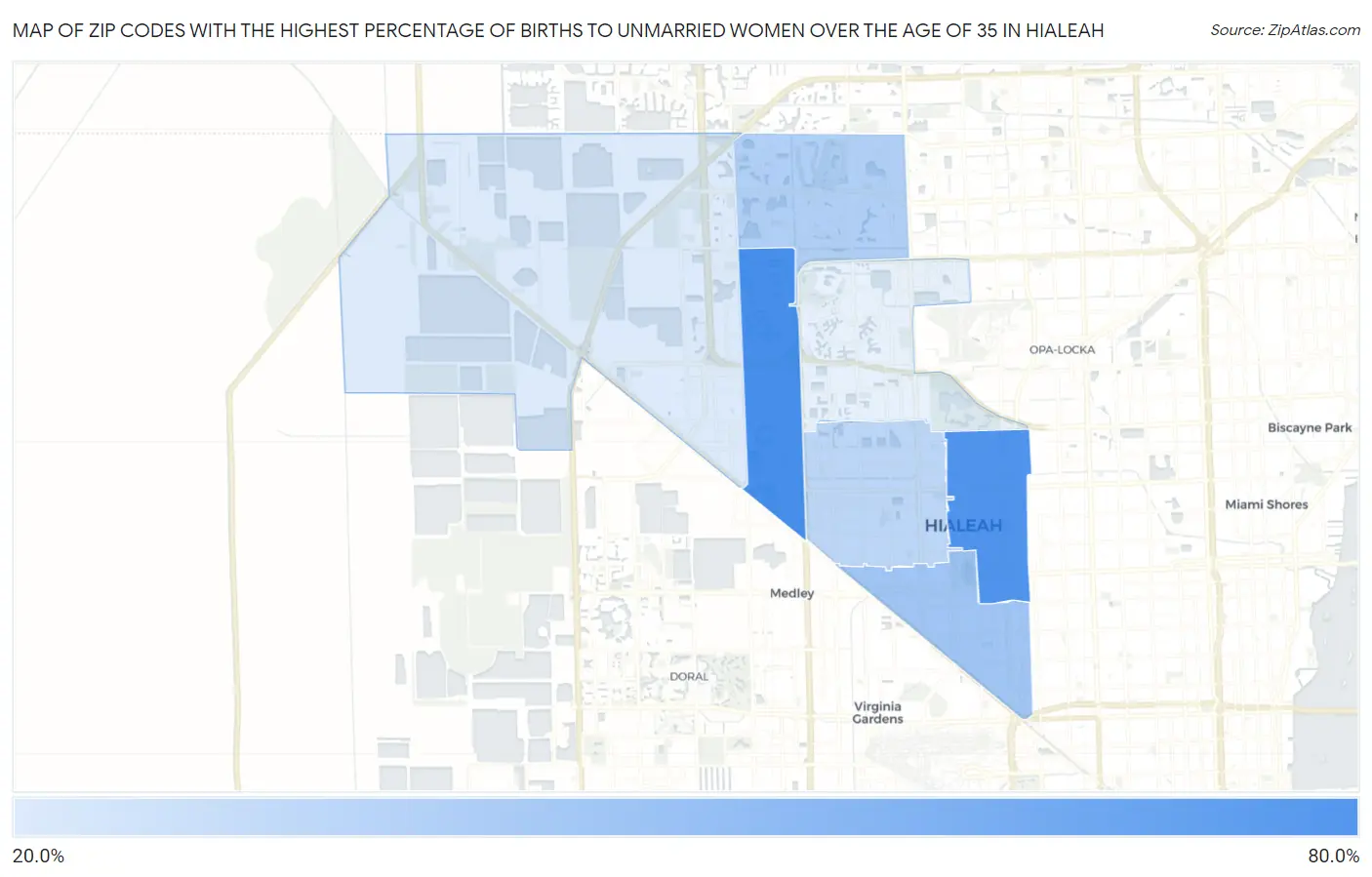 Zip Codes with the Highest Percentage of Births to Unmarried Women over the Age of 35 in Hialeah Map