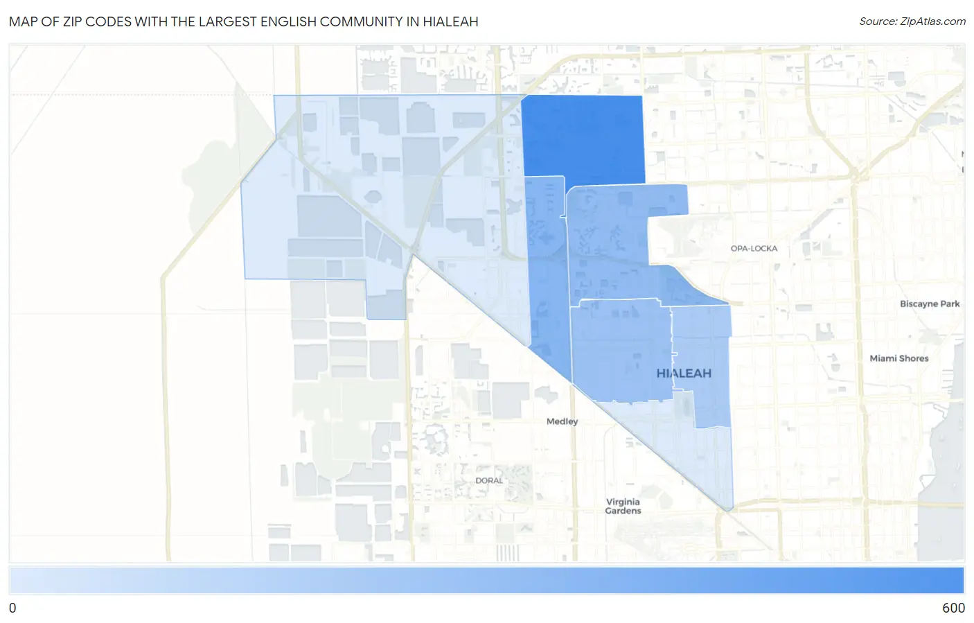 Zip Codes with the Largest English Community in Hialeah Map