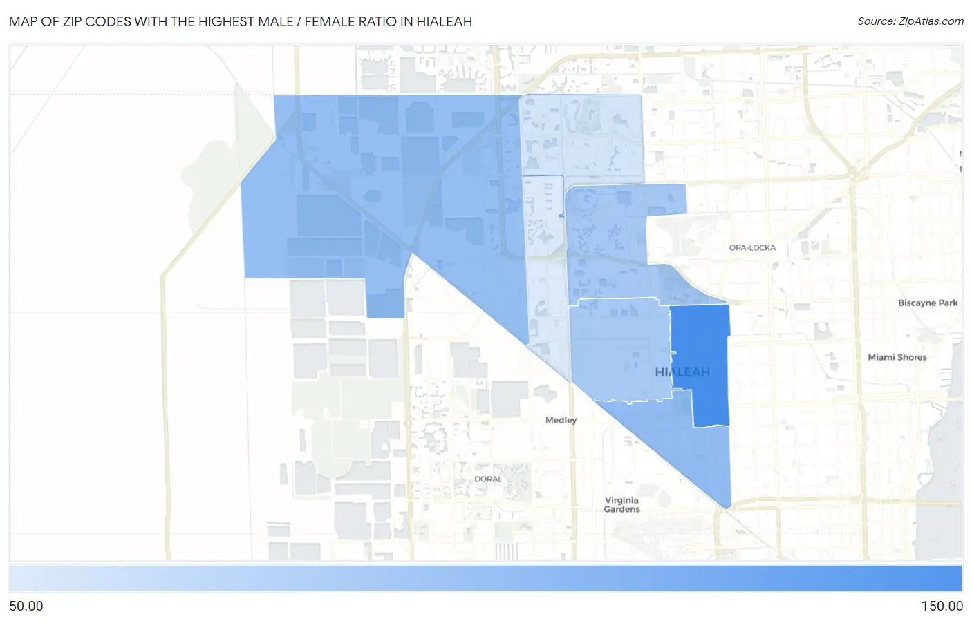 Zip Codes with the Highest Male / Female Ratio in Hialeah Map