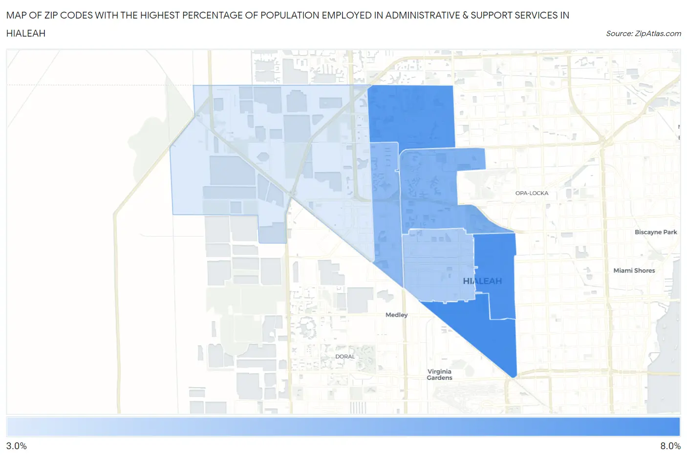 Zip Codes with the Highest Percentage of Population Employed in Administrative & Support Services in Hialeah Map