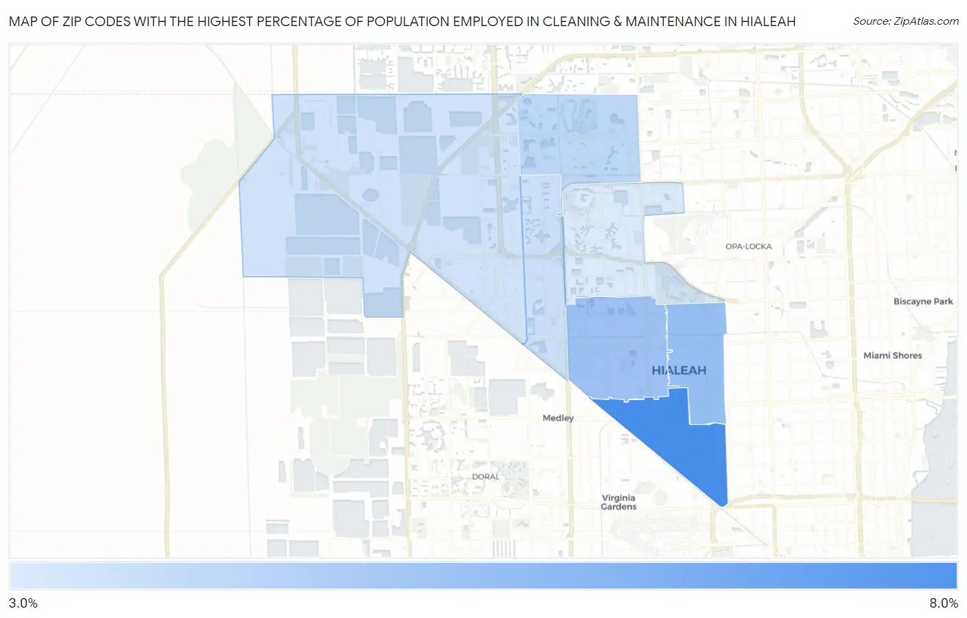 Zip Codes with the Highest Percentage of Population Employed in Cleaning & Maintenance in Hialeah Map