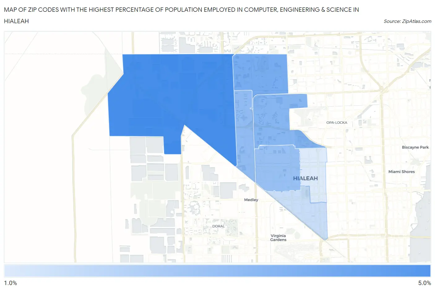 Zip Codes with the Highest Percentage of Population Employed in Computer, Engineering & Science in Hialeah Map