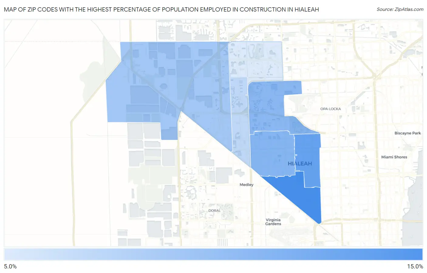Zip Codes with the Highest Percentage of Population Employed in Construction in Hialeah Map