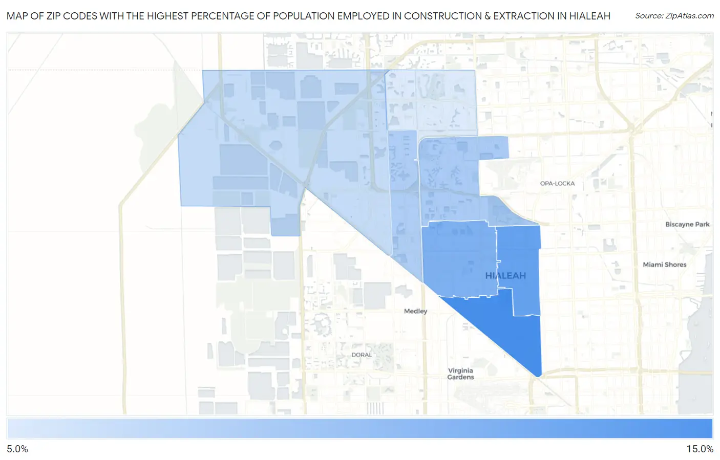Zip Codes with the Highest Percentage of Population Employed in Construction & Extraction in Hialeah Map