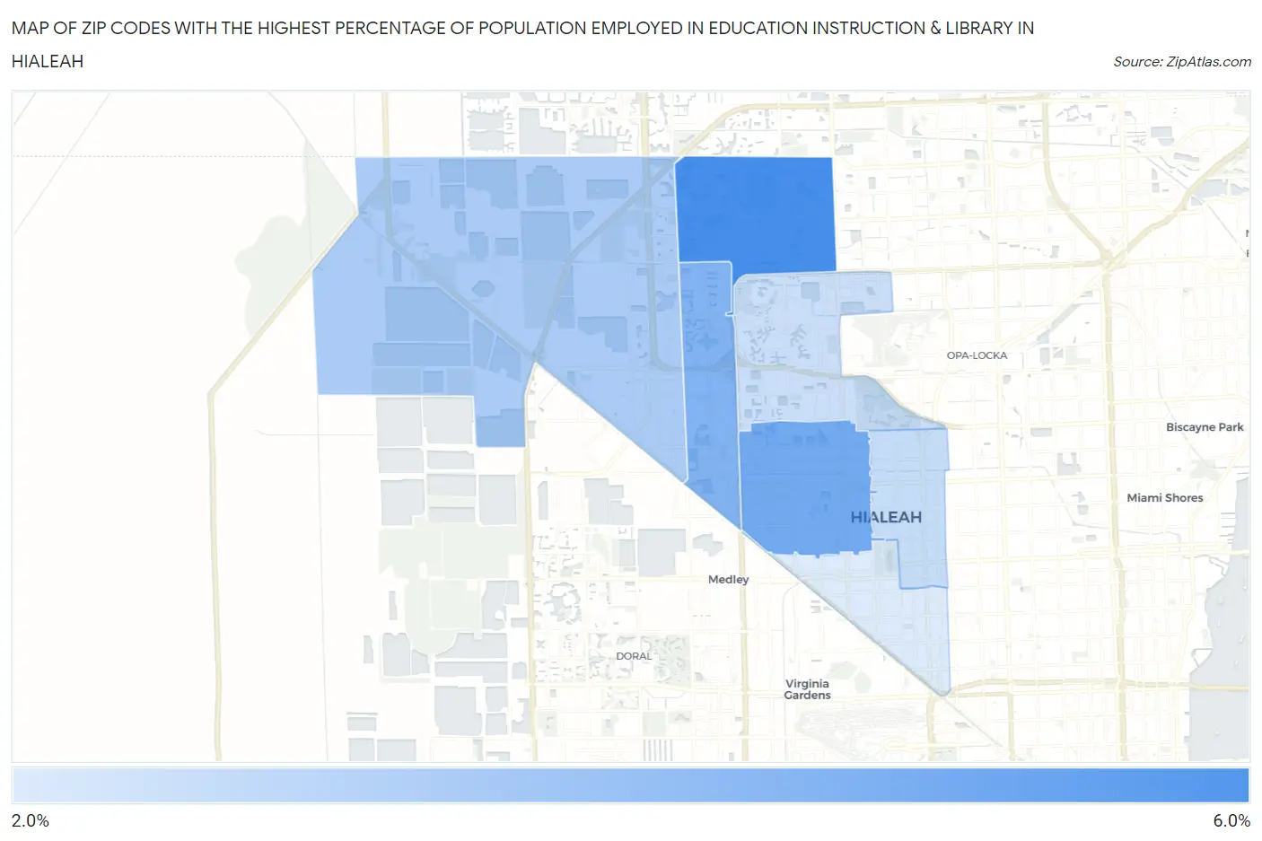 Zip Codes with the Highest Percentage of Population Employed in Education Instruction & Library in Hialeah Map