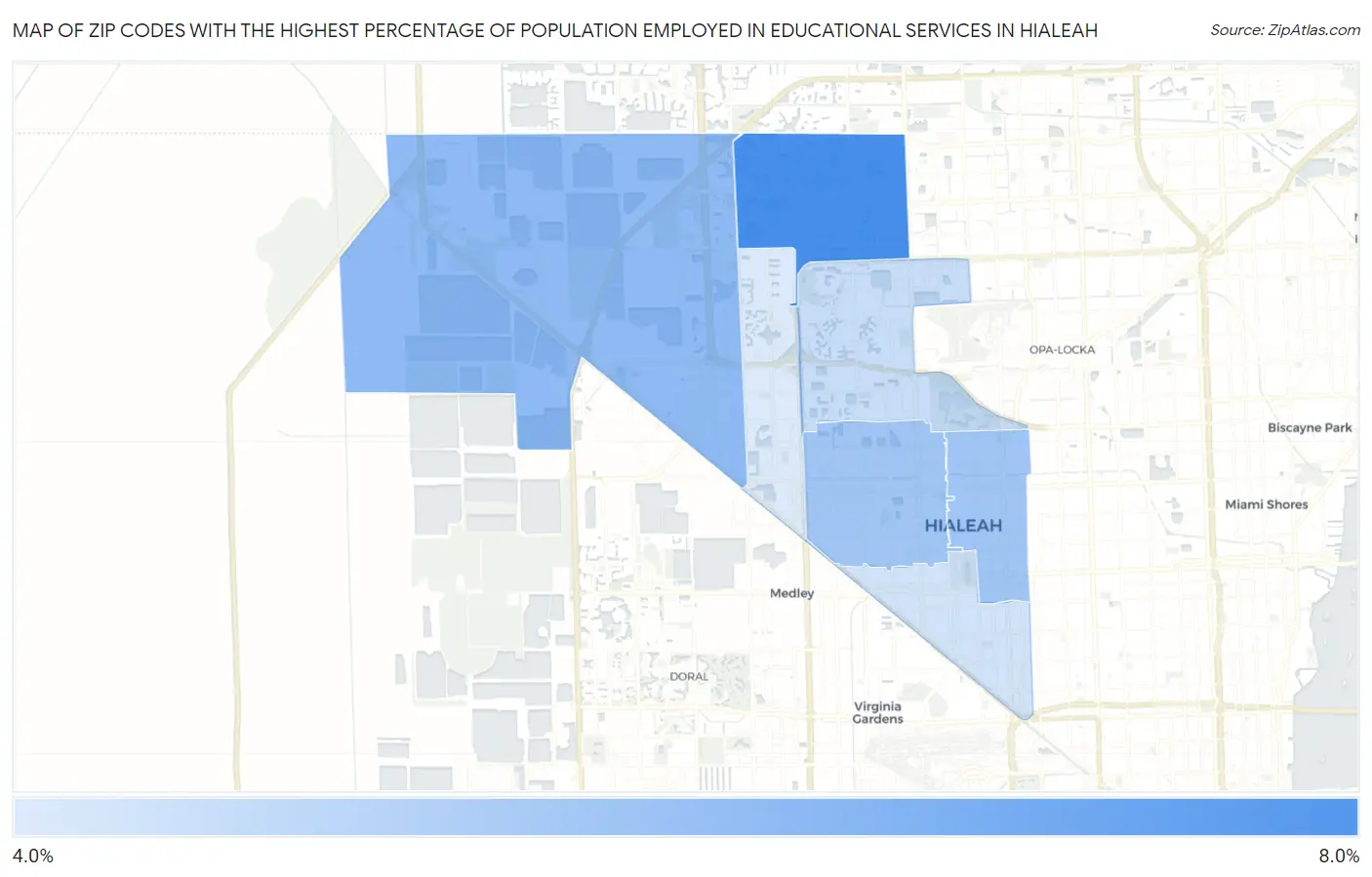 Zip Codes with the Highest Percentage of Population Employed in Educational Services in Hialeah Map