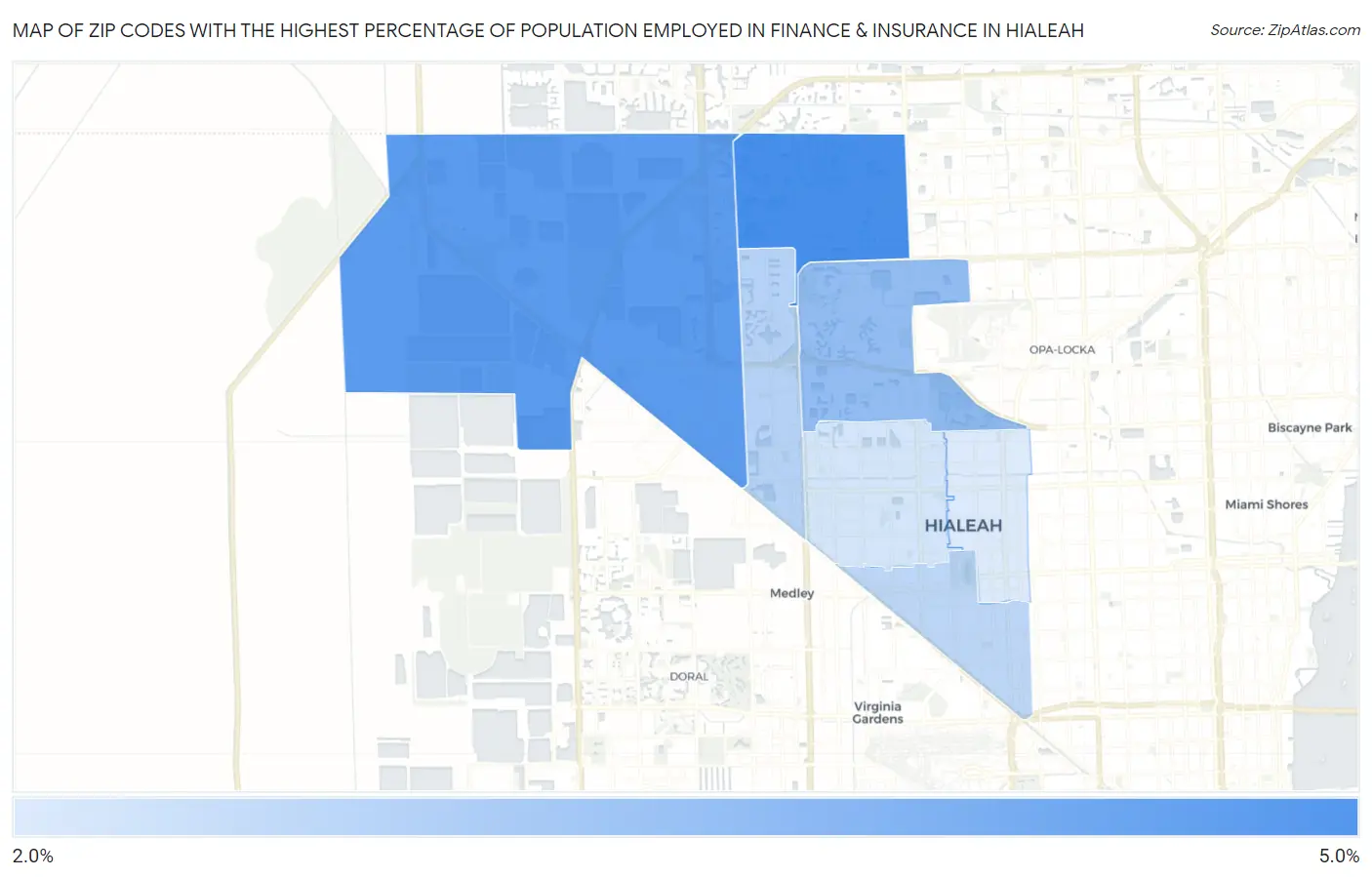 Zip Codes with the Highest Percentage of Population Employed in Finance & Insurance in Hialeah Map