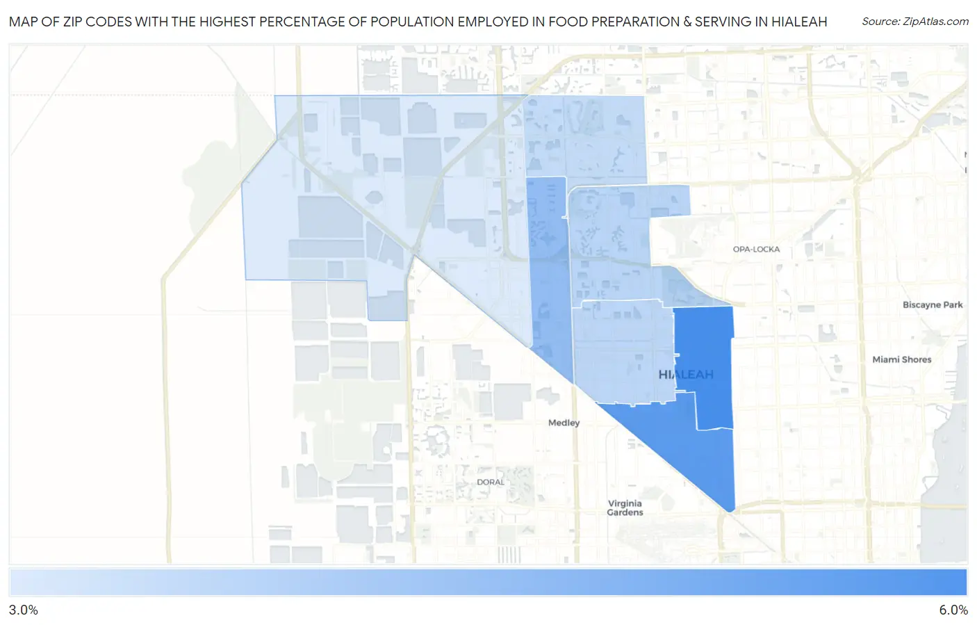 Zip Codes with the Highest Percentage of Population Employed in Food Preparation & Serving in Hialeah Map