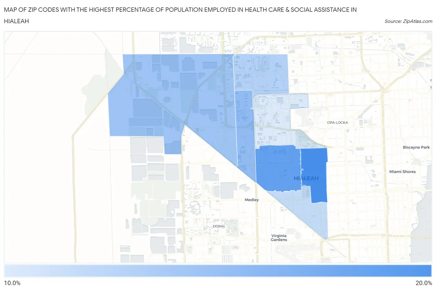 Zip Codes with the Highest Percentage of Population Employed in Health Care & Social Assistance in Hialeah Map