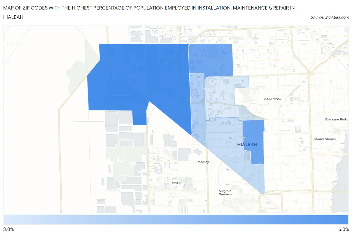 Zip Codes with the Highest Percentage of Population Employed in Installation, Maintenance & Repair in Hialeah Map