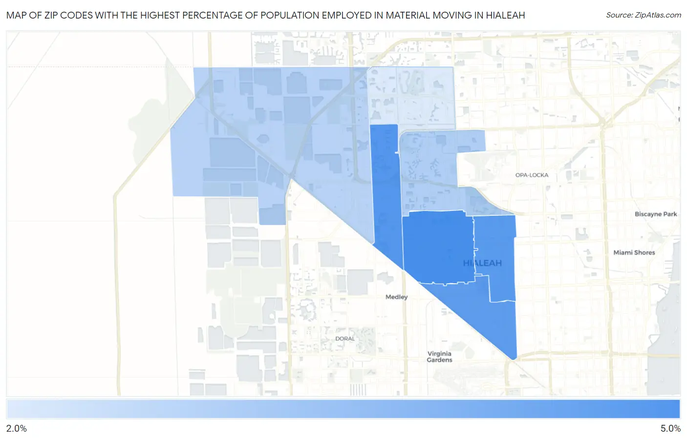 Zip Codes with the Highest Percentage of Population Employed in Material Moving in Hialeah Map