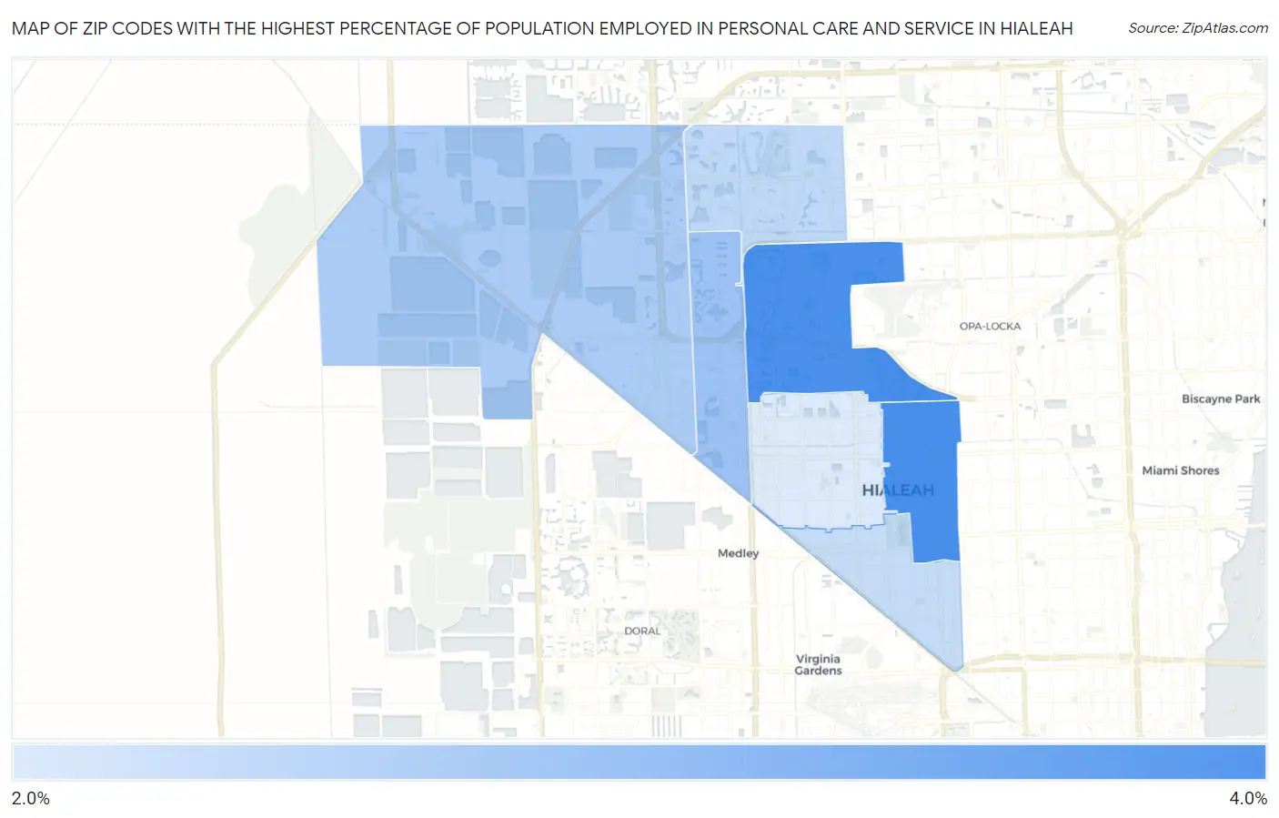 Zip Codes with the Highest Percentage of Population Employed in Personal Care and Service in Hialeah Map