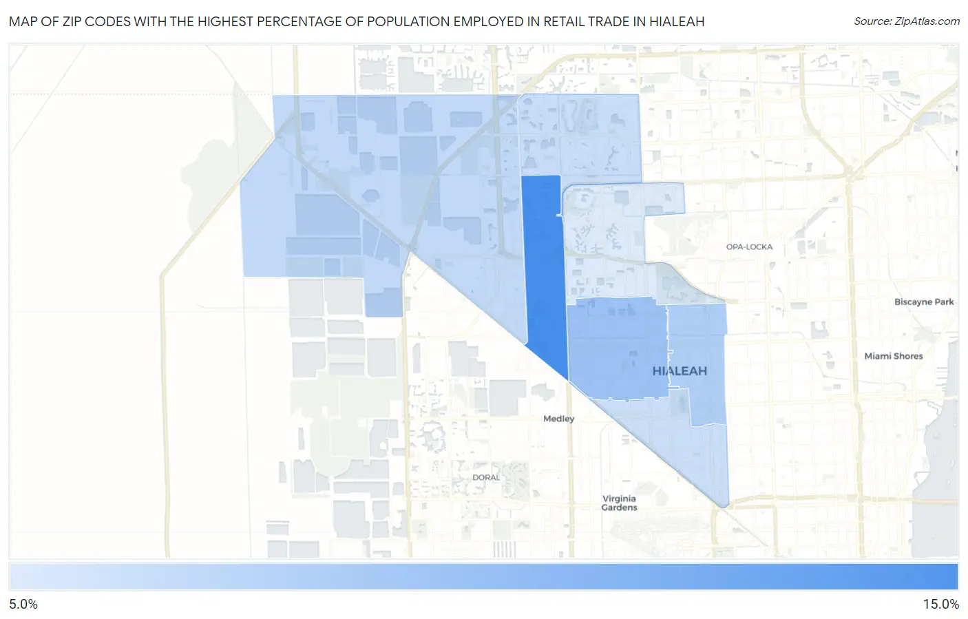 Zip Codes with the Highest Percentage of Population Employed in Retail Trade in Hialeah Map