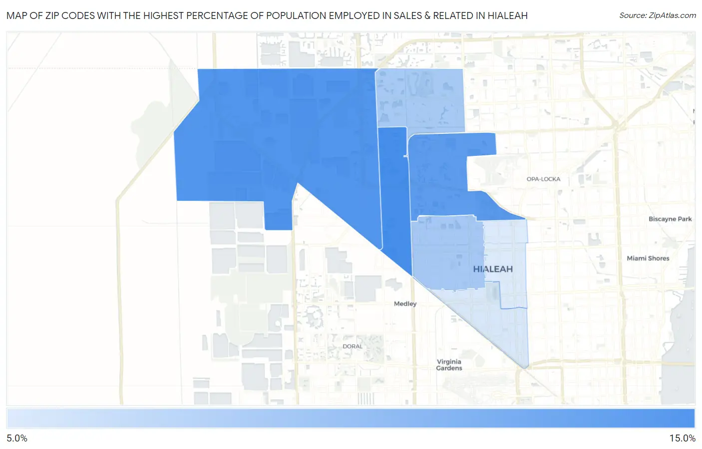 Zip Codes with the Highest Percentage of Population Employed in Sales & Related in Hialeah Map
